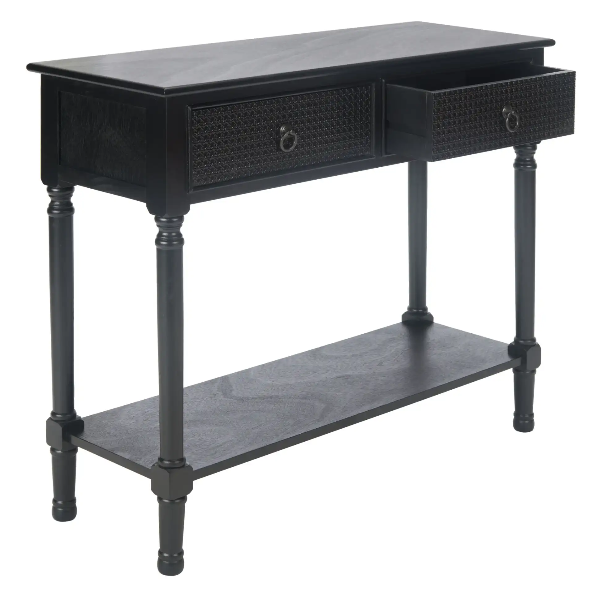 Haines Two-Drawer Console Table in Black, detail view