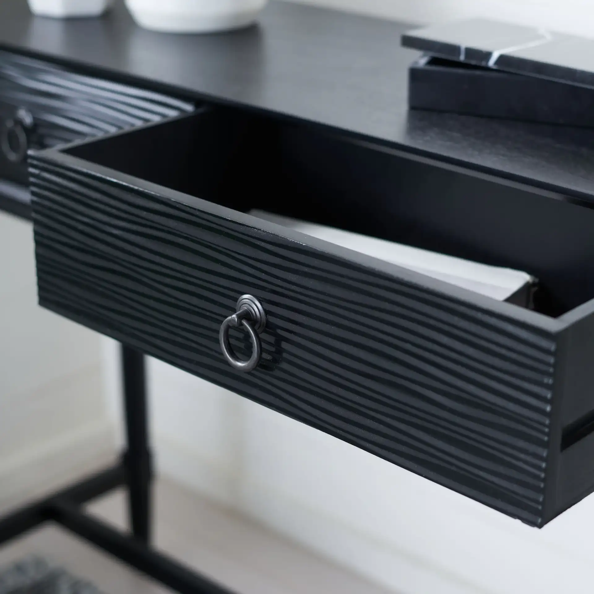 Aliyah Two-Drawer Console Table in Black, detail view