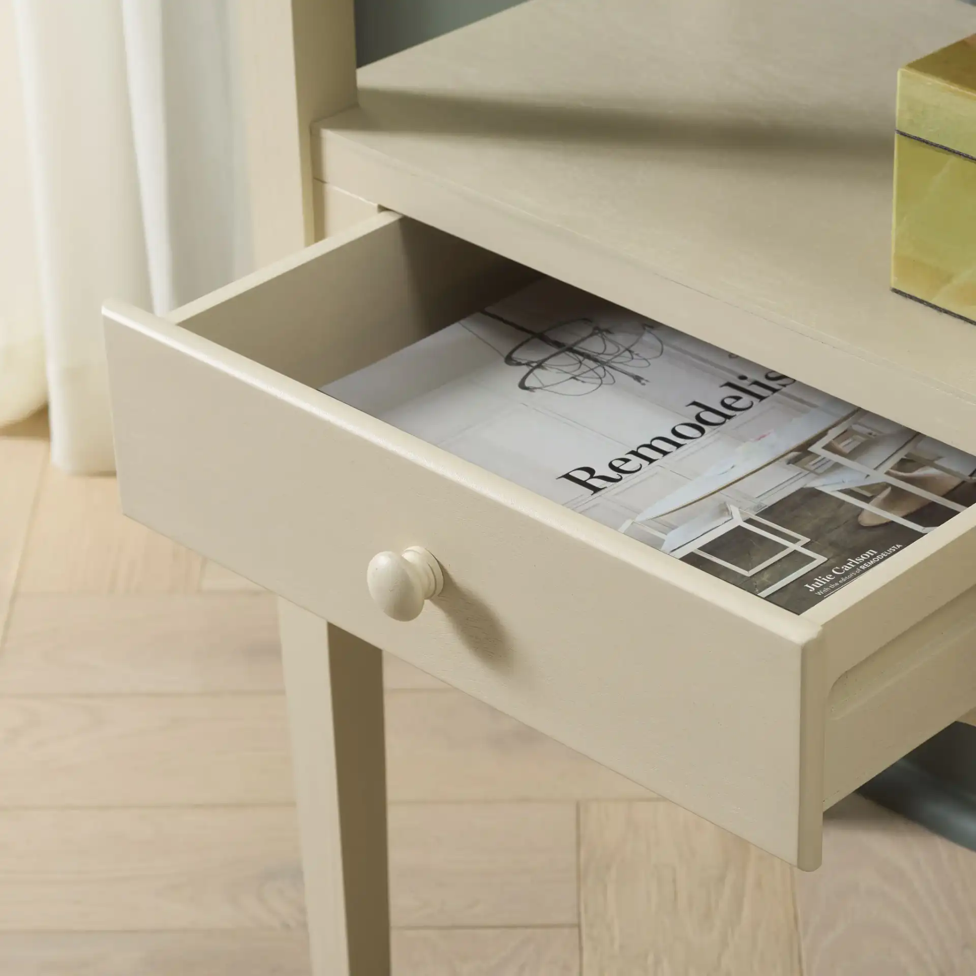 Araminta One-Drawer Console in Sand in a styled room