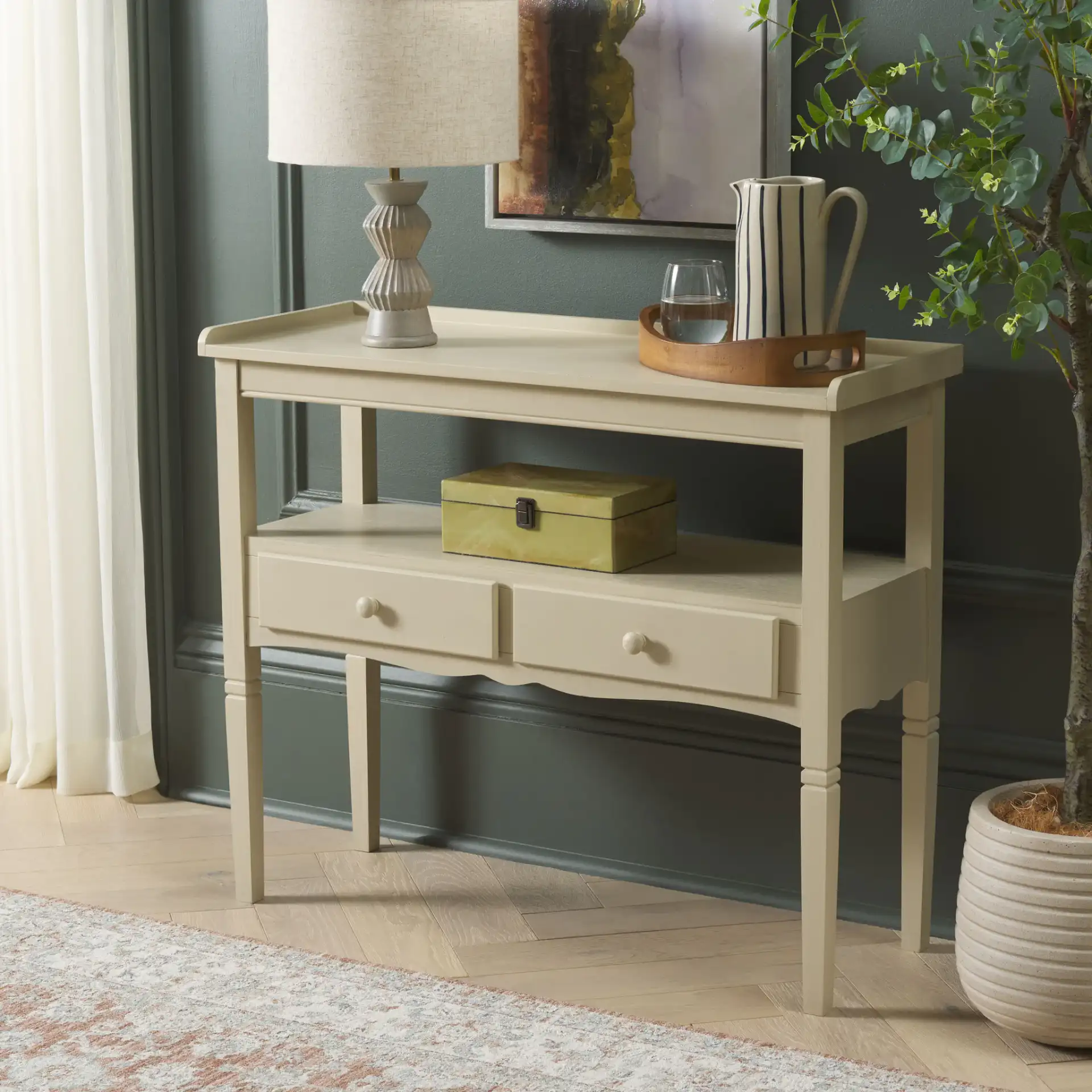 Araminta One-Drawer Console in Sand in a styled room