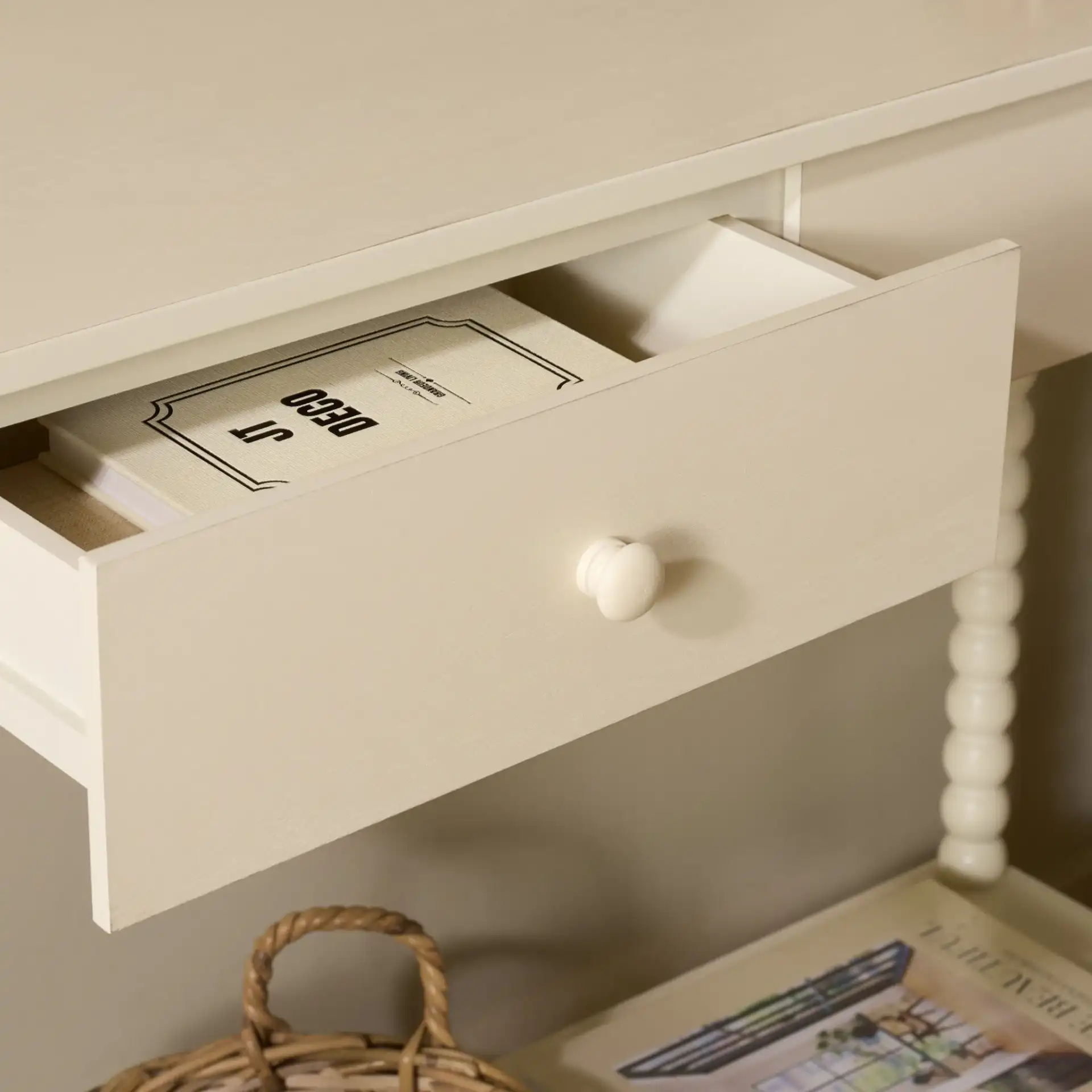 Orbis 2 Drawer Console in Distressed White in a styled room