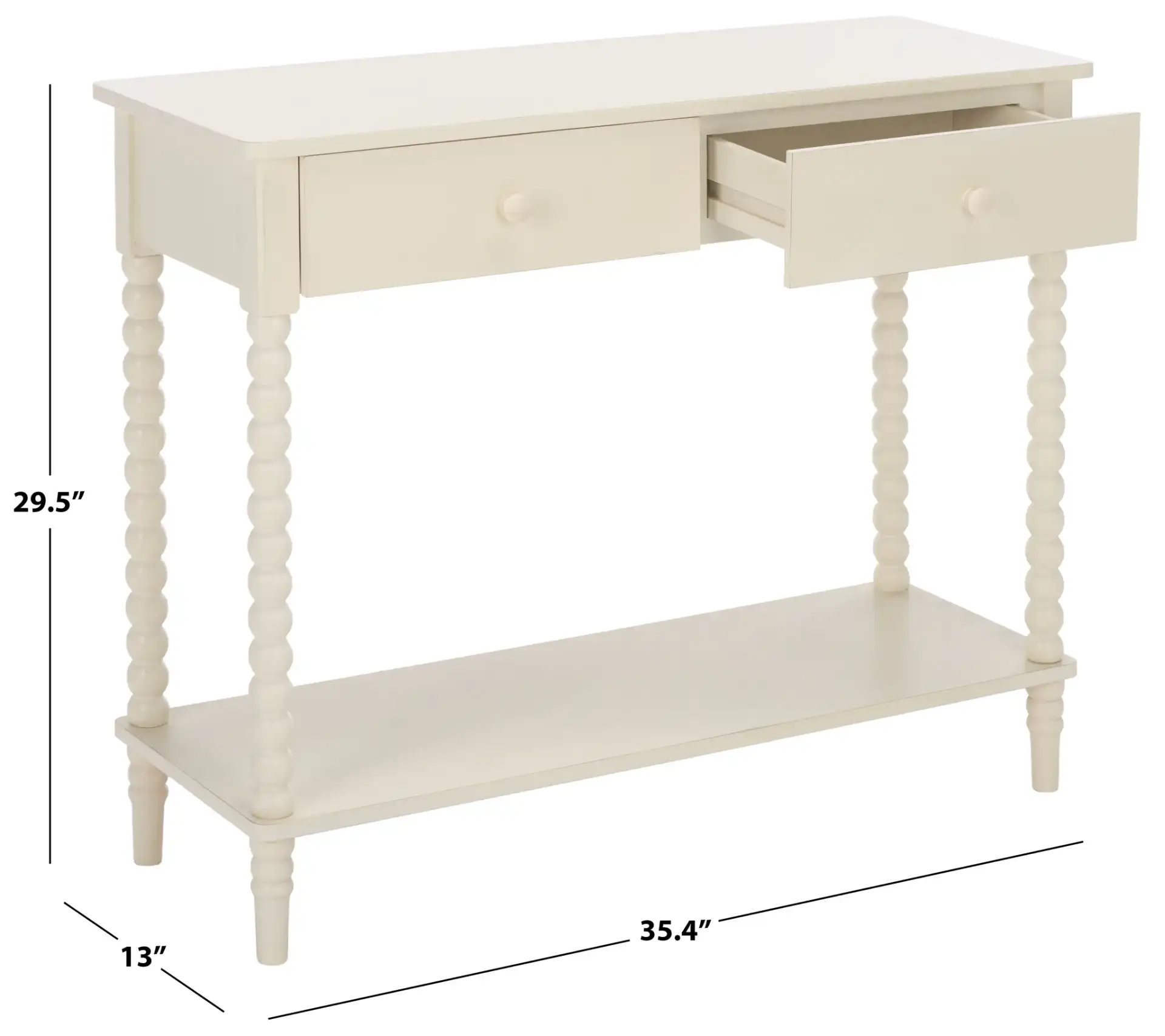 Orbis 2 Drawer Console in Distressed White, detail view