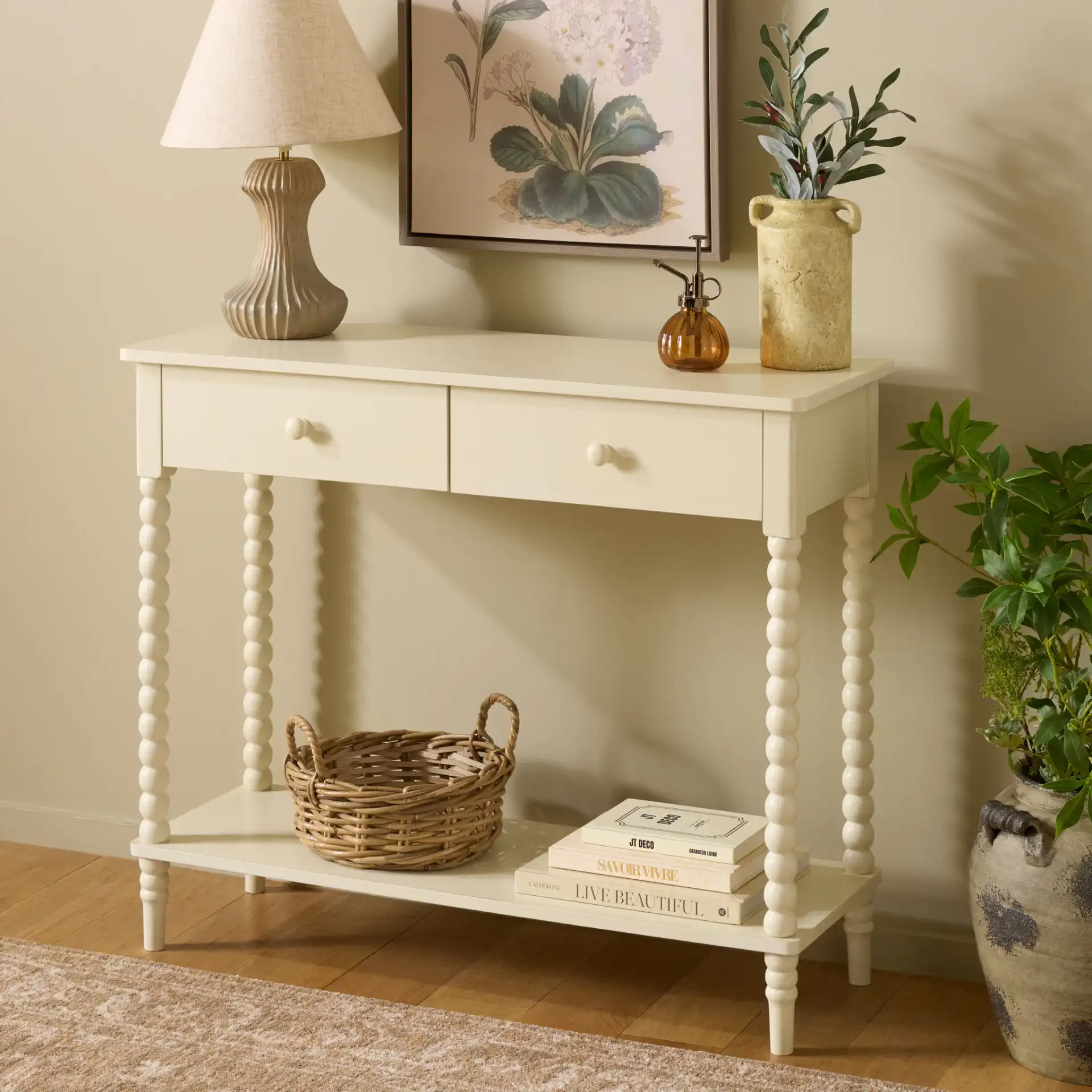 Orbis 2 Drawer Console in Distressed White in a styled room