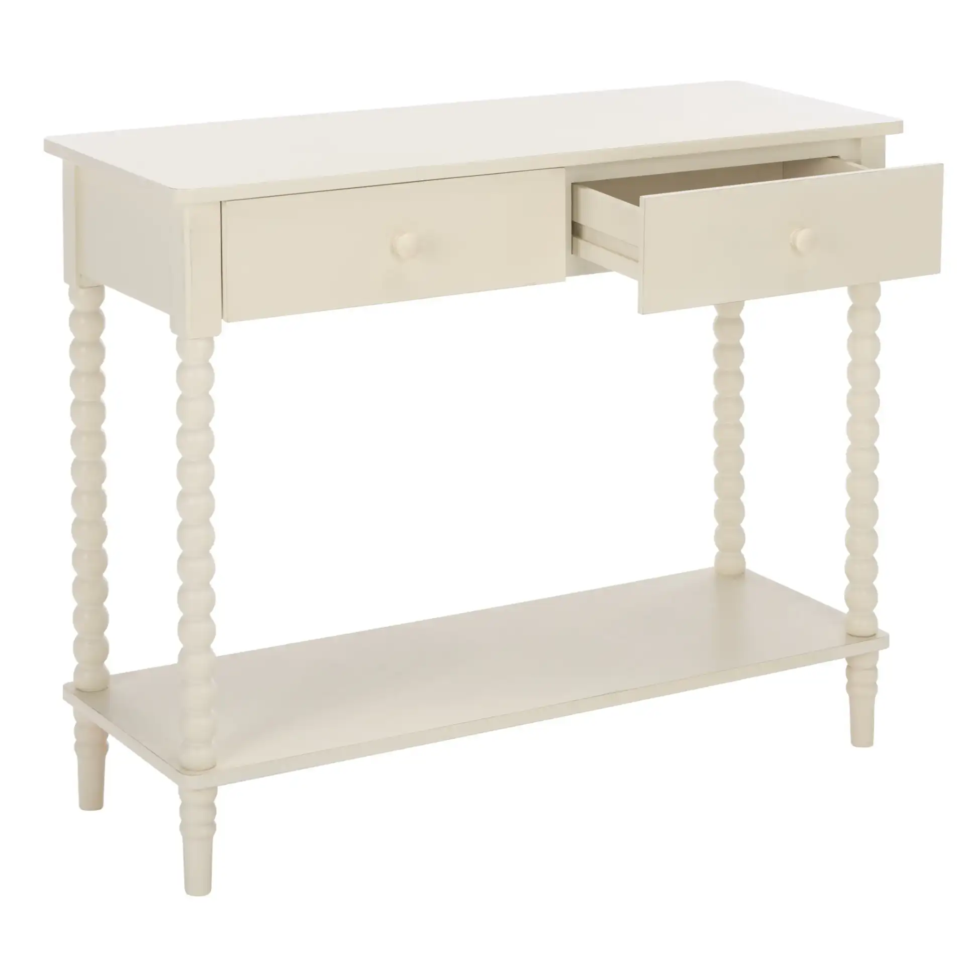 Orbis 2 Drawer Console in Distressed White, detail view