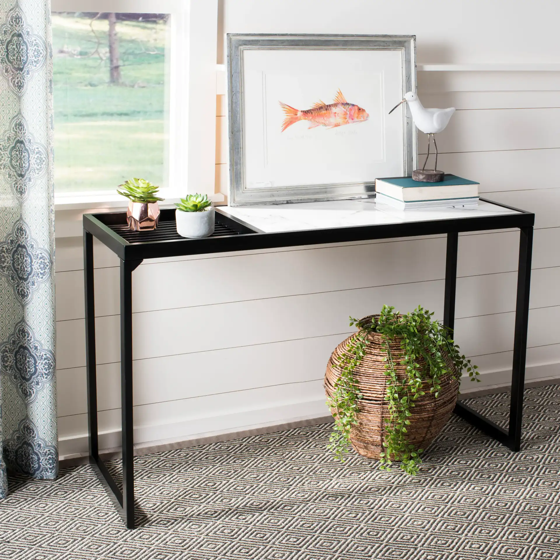 Zuri Console Table in White Marble / Matte Black in a styled room