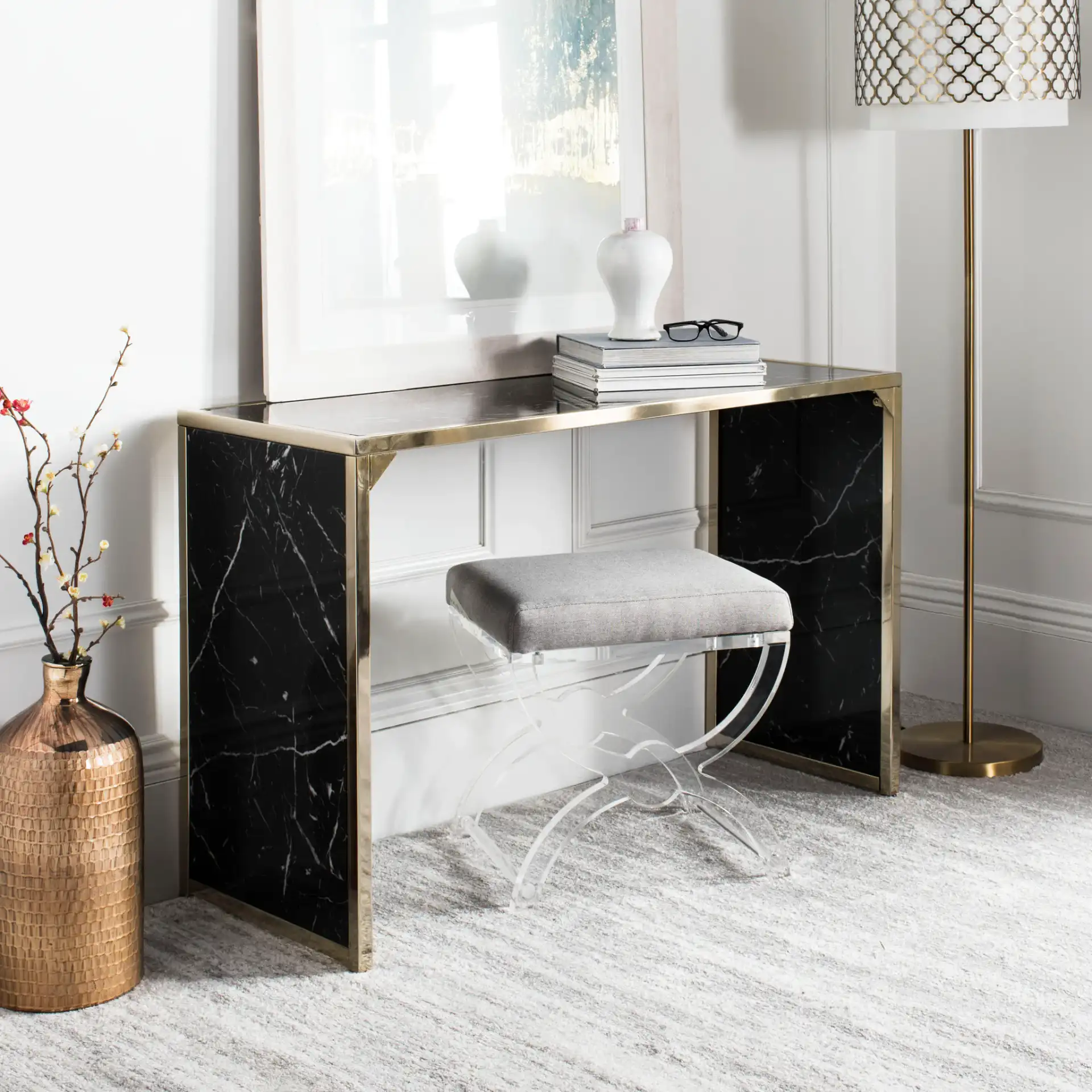 Kylie Console Table in Black Marble / Brass in a styled room