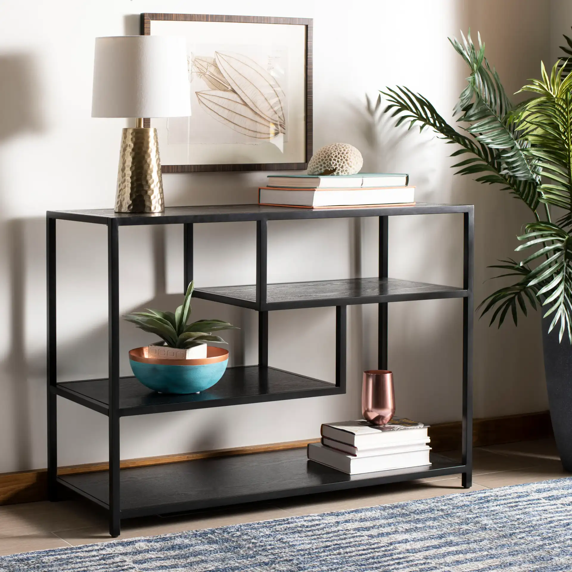 Reese Geometric Console Table in Walnut / Gold in a styled room