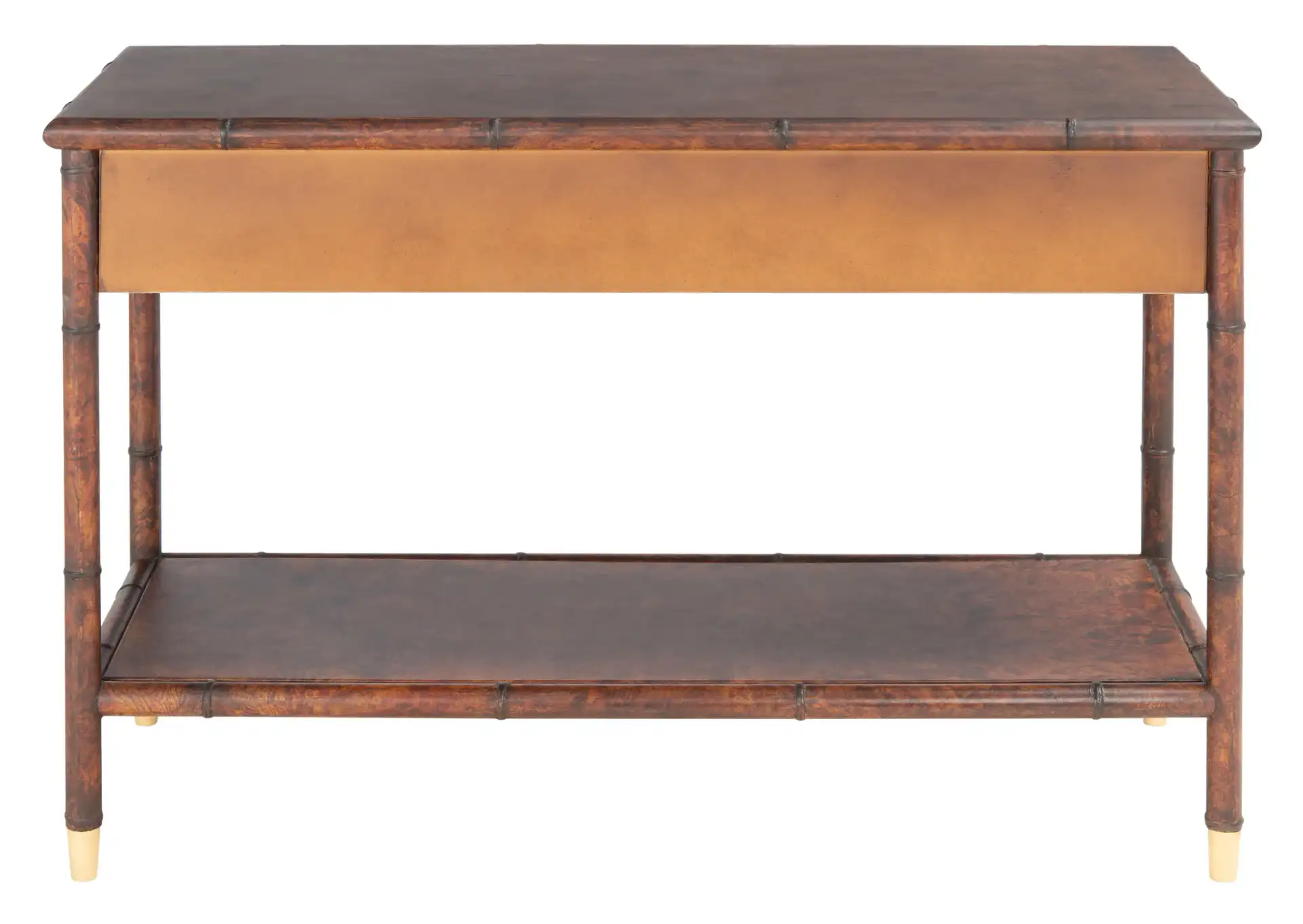 Tudor Two-Drawer One-Shelf Console Table in Dark Brown / Gold, detail view
