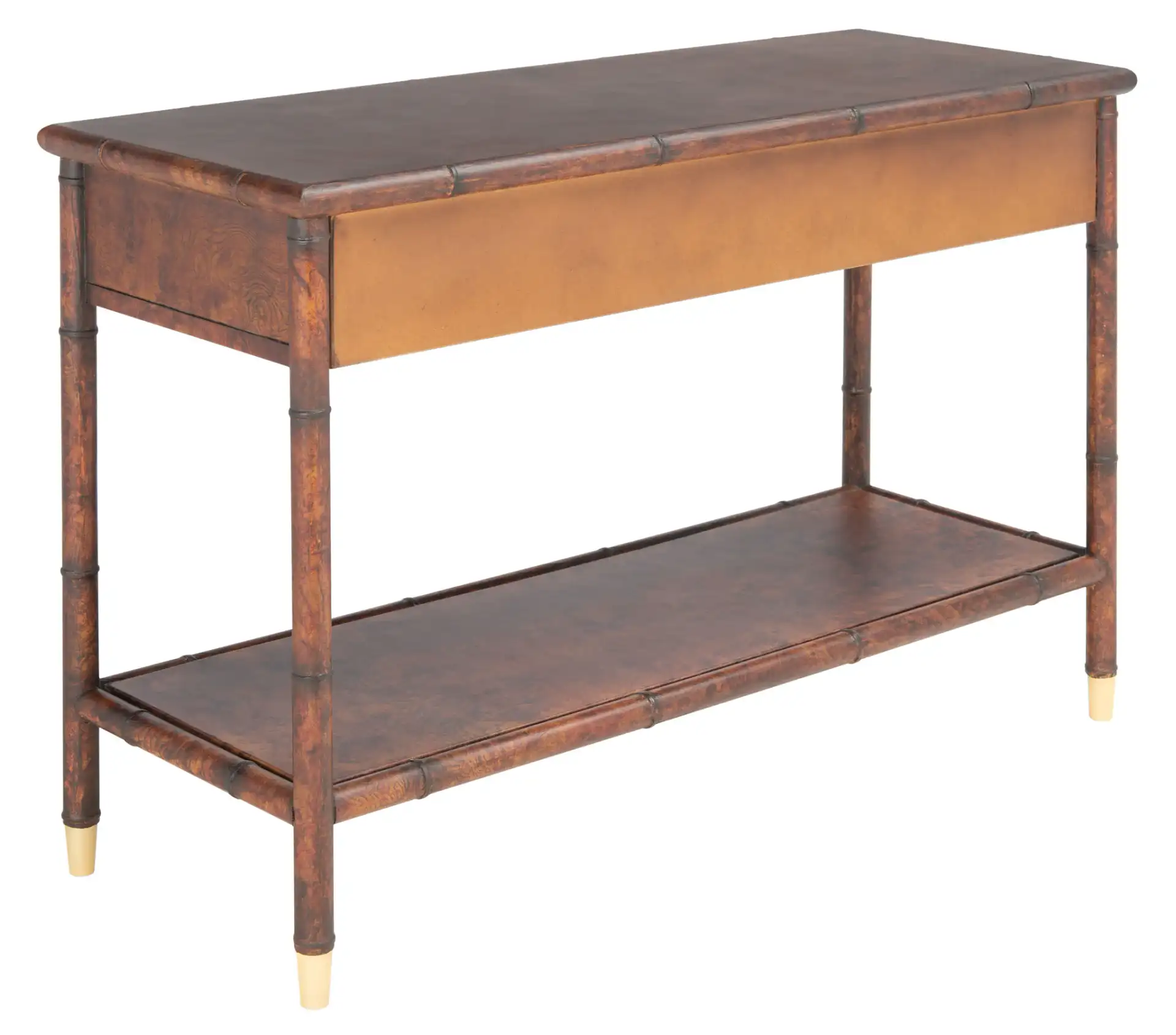 Tudor Two-Drawer One-Shelf Console Table in Dark Brown / Gold, detail view