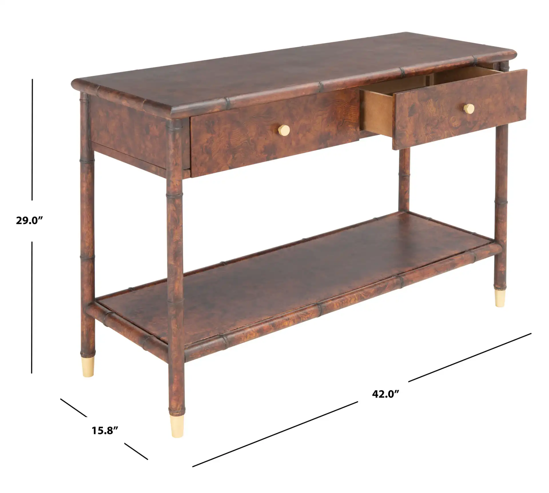 Tudor Two-Drawer One-Shelf Console Table in Dark Brown / Gold, detail view