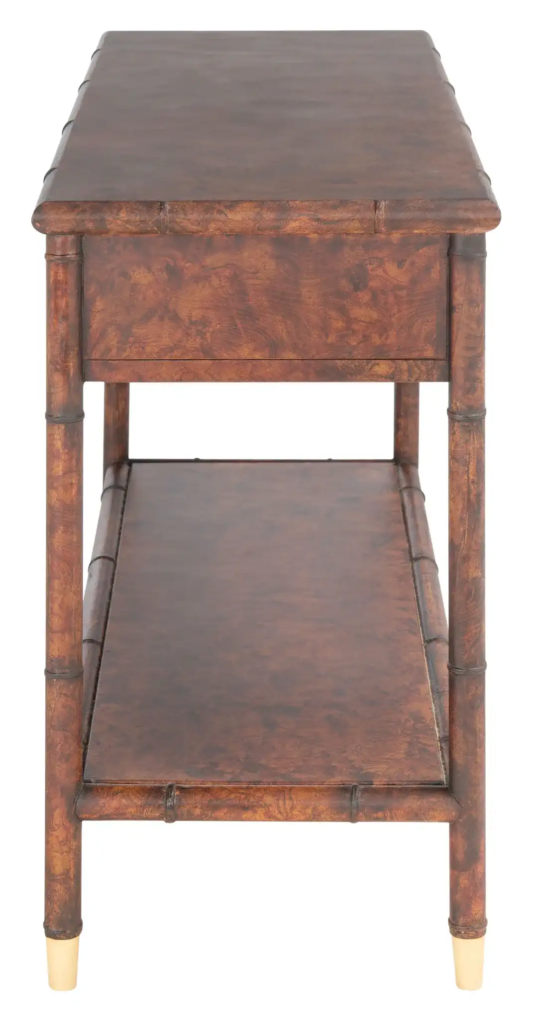 Tudor Two-Drawer One-Shelf Console Table in Dark Brown / Gold, detail view