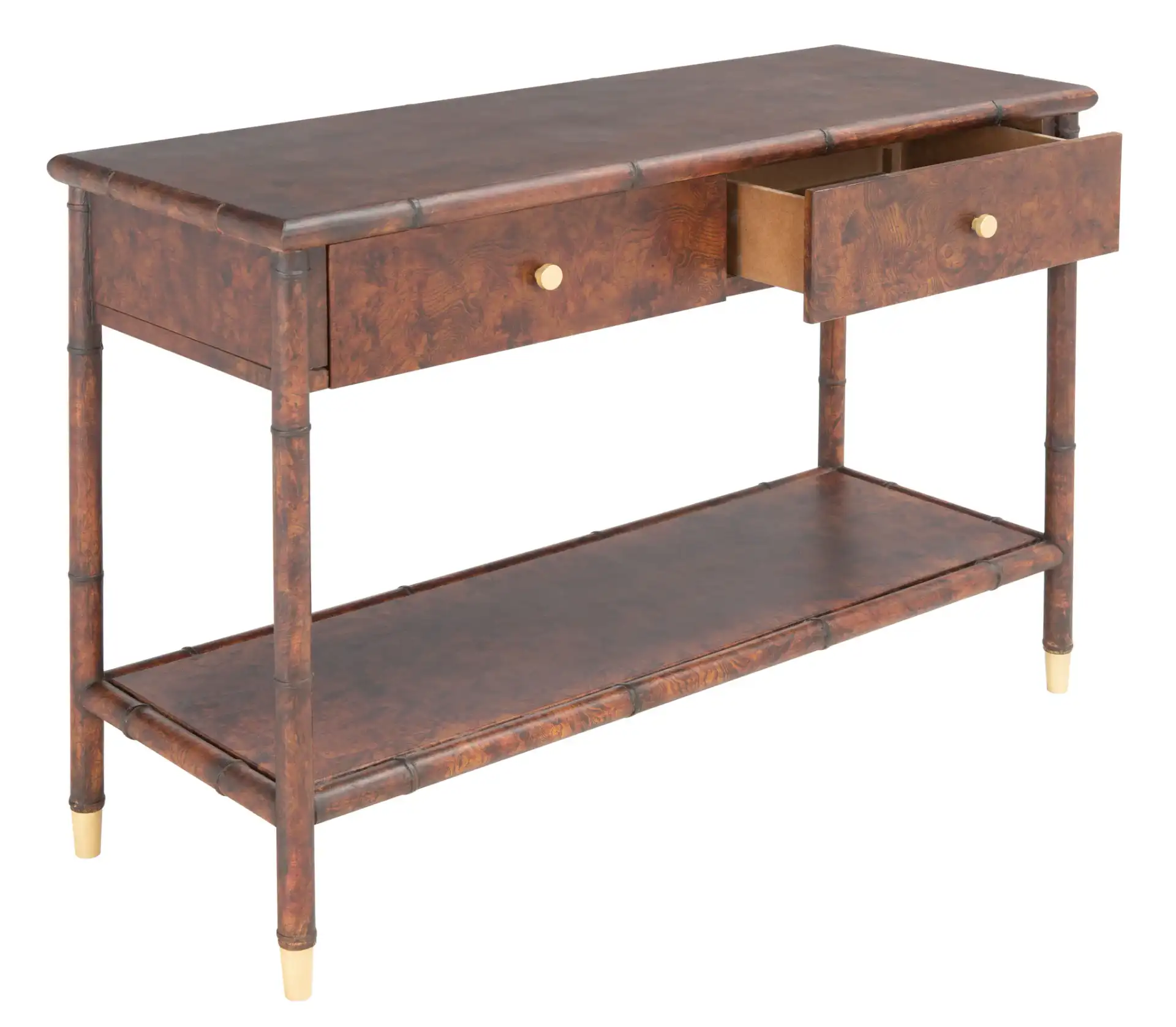 Tudor Two-Drawer One-Shelf Console Table in Dark Brown / Gold, detail view