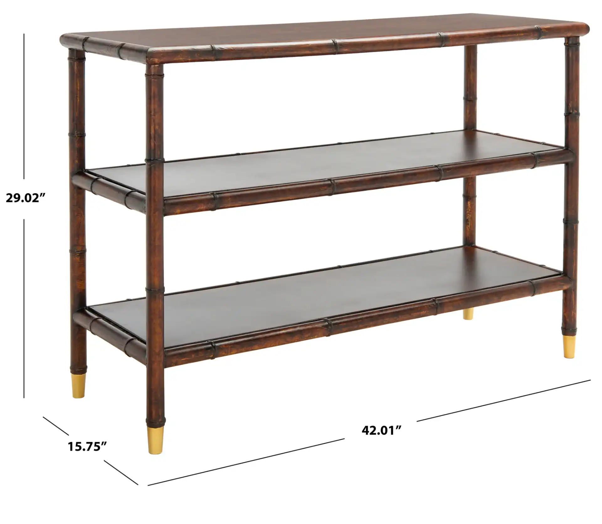 Tudor Two-Shelf Console Table in Dark Brown / Gold, detail view