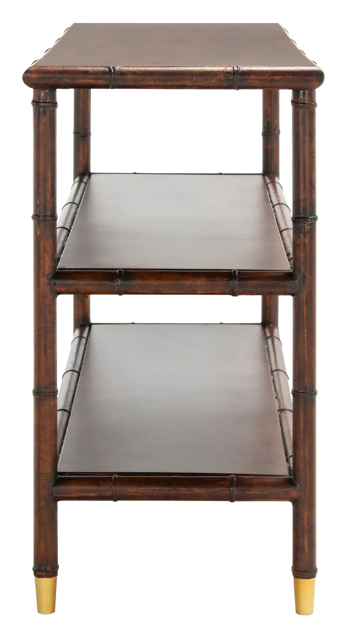 Tudor Two-Shelf Console Table in Dark Brown / Gold, detail view