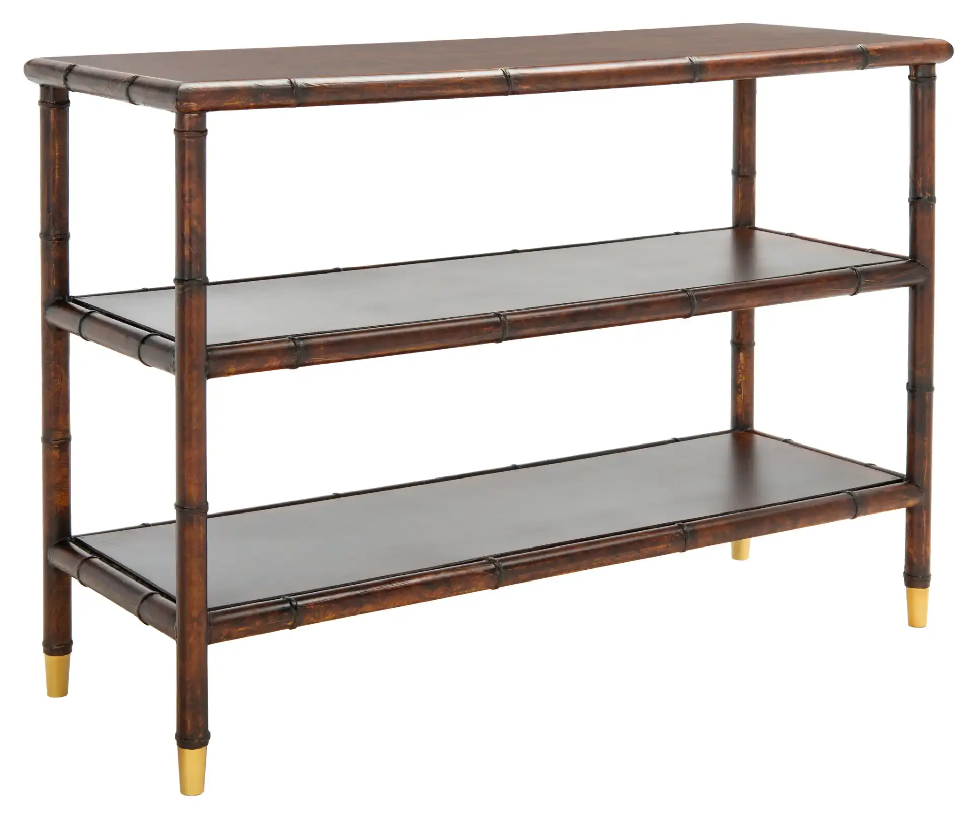 Tudor Two-Shelf Console Table in Dark Brown / Gold, detail view
