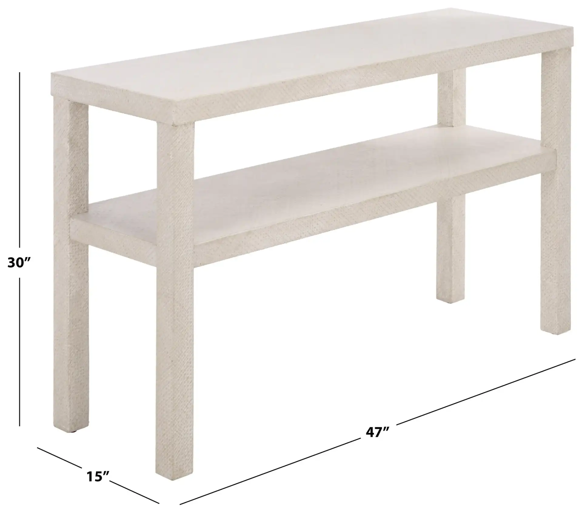 Apis Two-Shelf Console Table in White, detail view