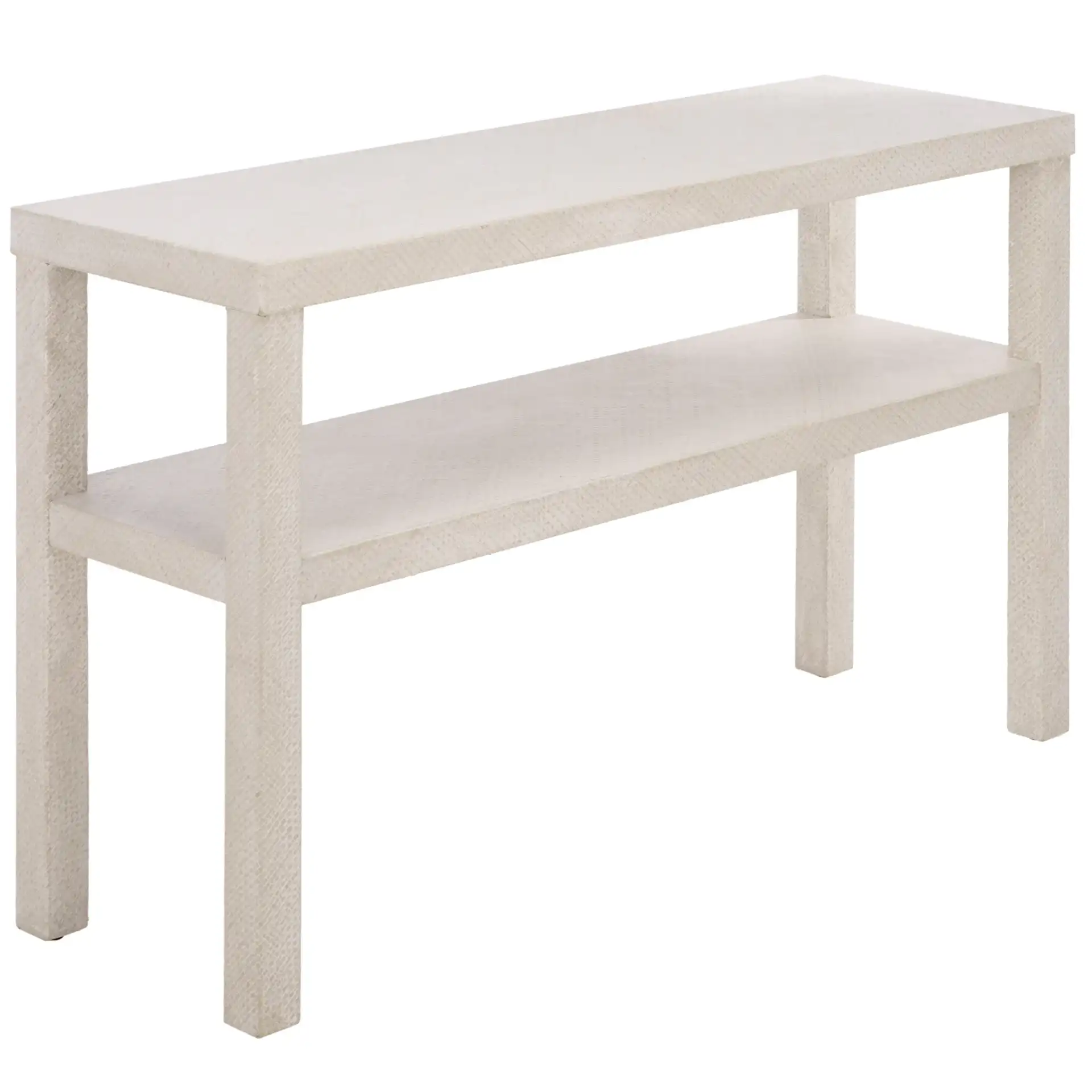 Apis Two-Shelf Console Table in White, detail view