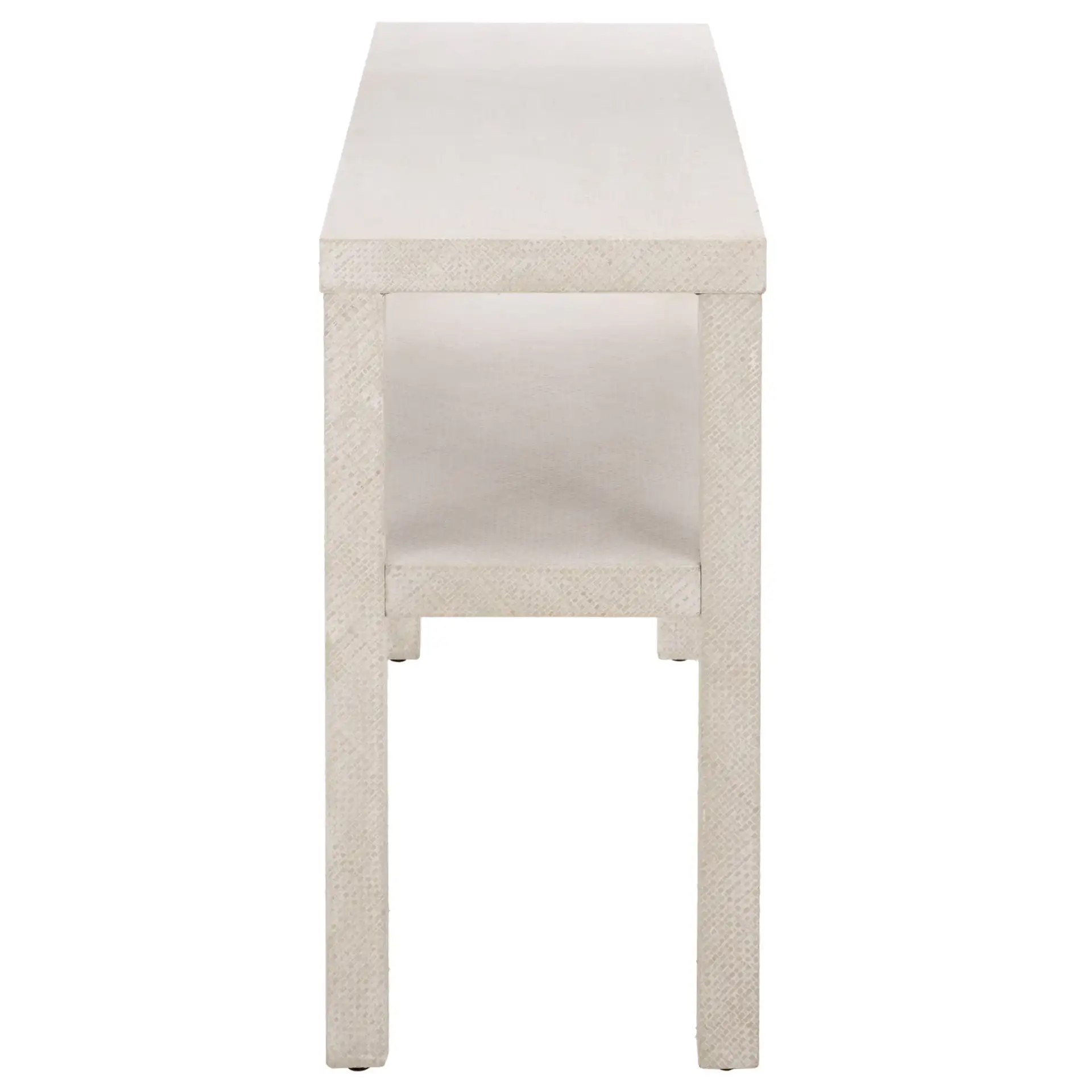 Apis Two-Shelf Console Table in White, detail view