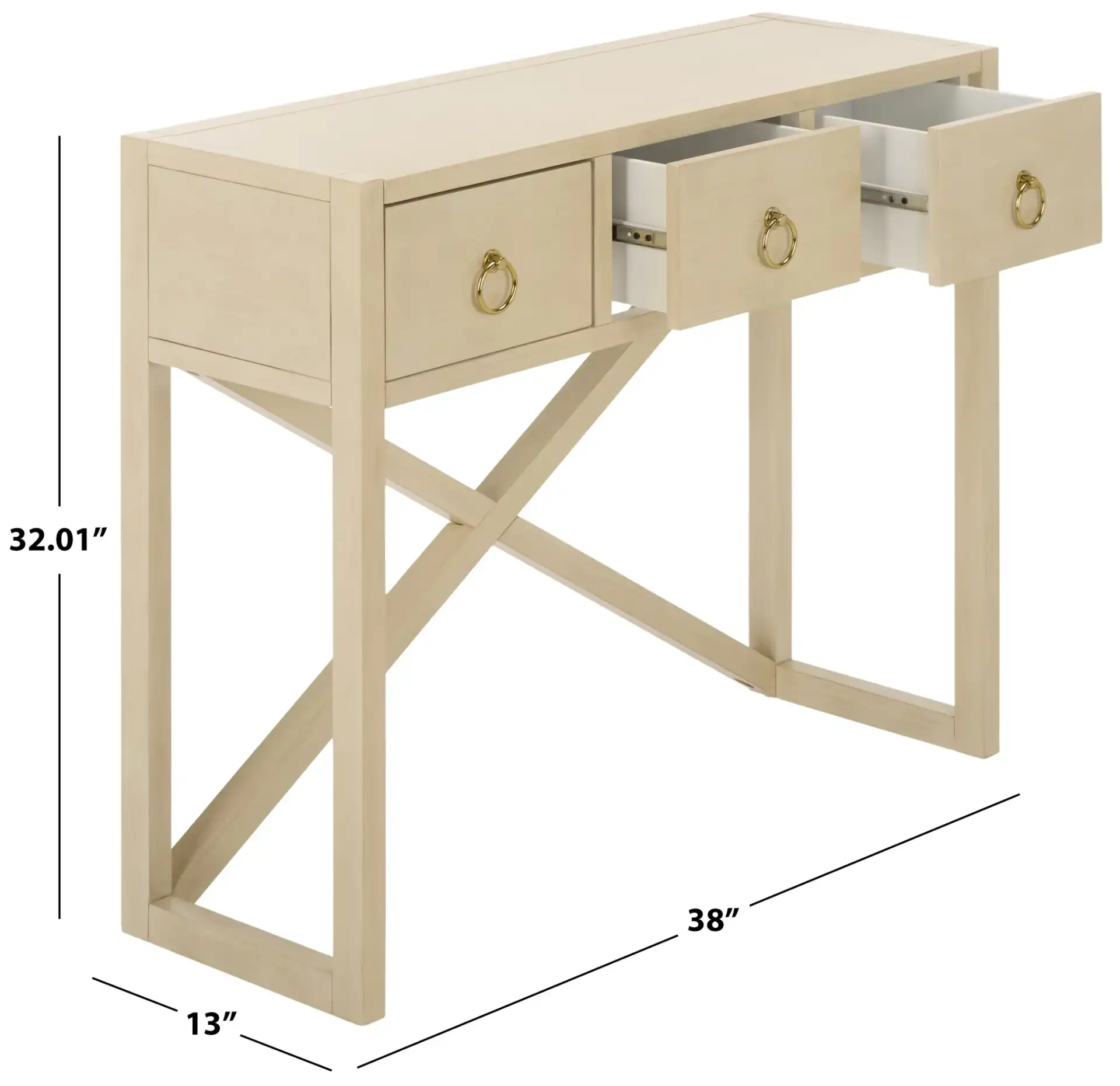 Sadie Three-Drawer Console Table in Antique / White, detail view