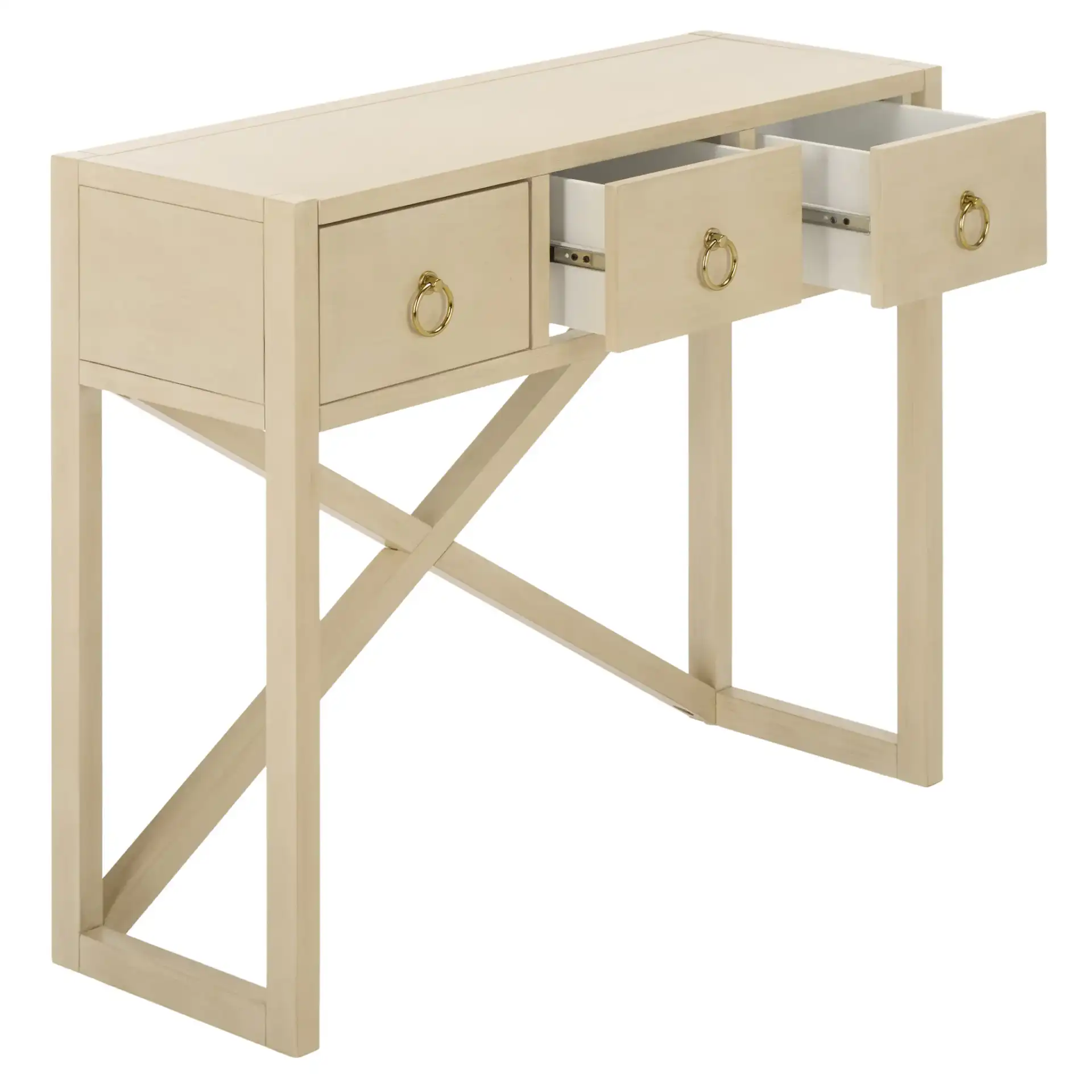 Sadie Three-Drawer Console Table in Antique / White, detail view