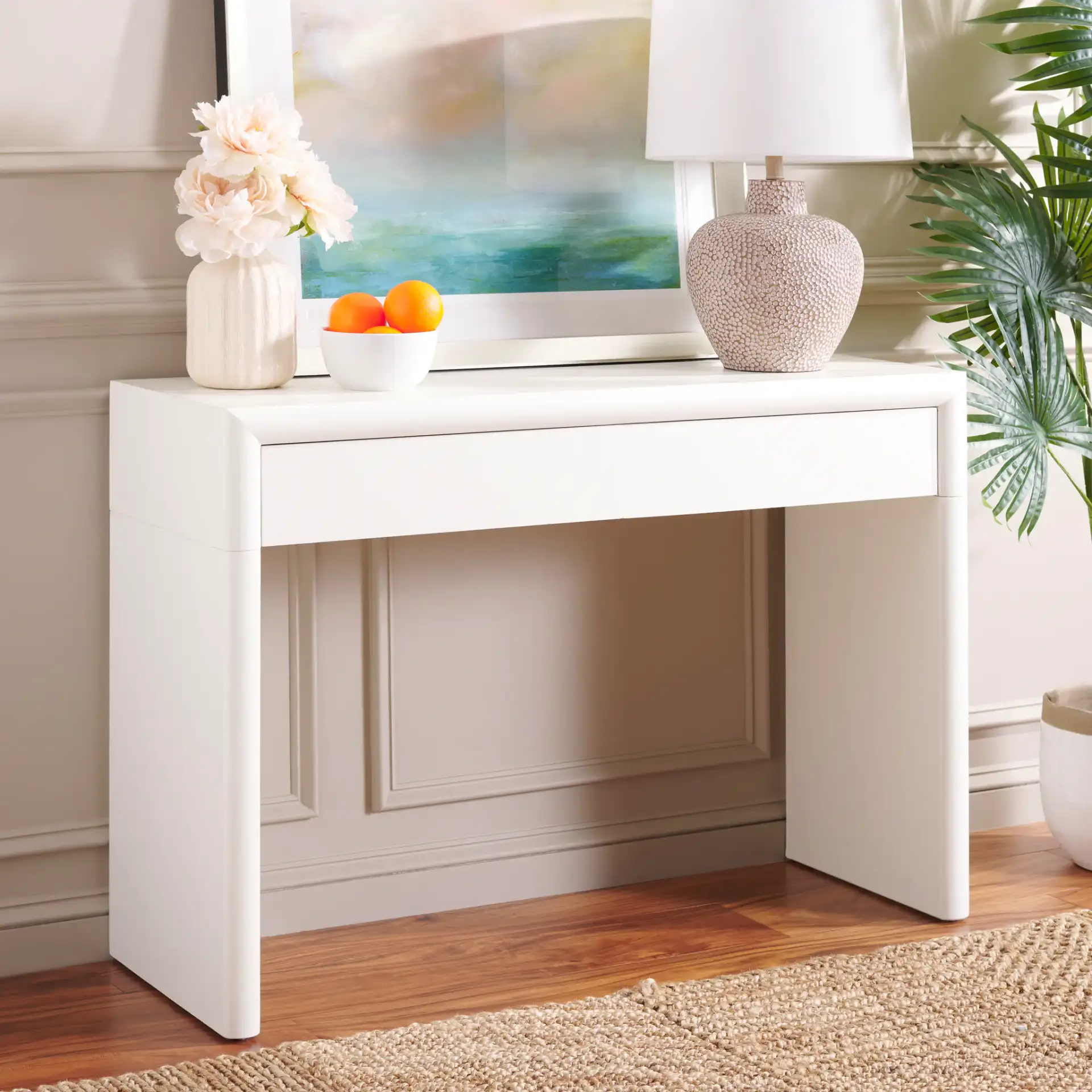 Rune Console Table With Drawers in Ivory in a styled room
