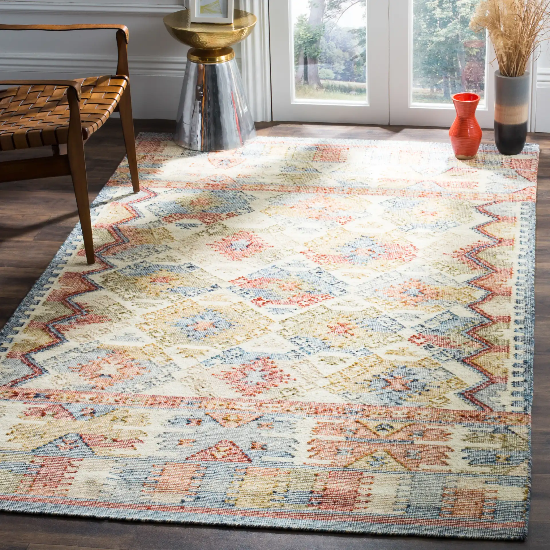 Canyon Tribal Diamond Hand-Woven Rug in Ivory / Multicolor in a styled room