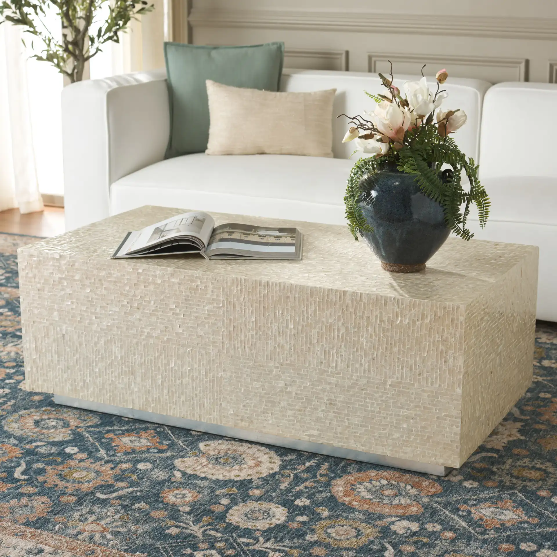 Scarlett Rectangular Prism Coffee Table in Natural / Silver in a styled room