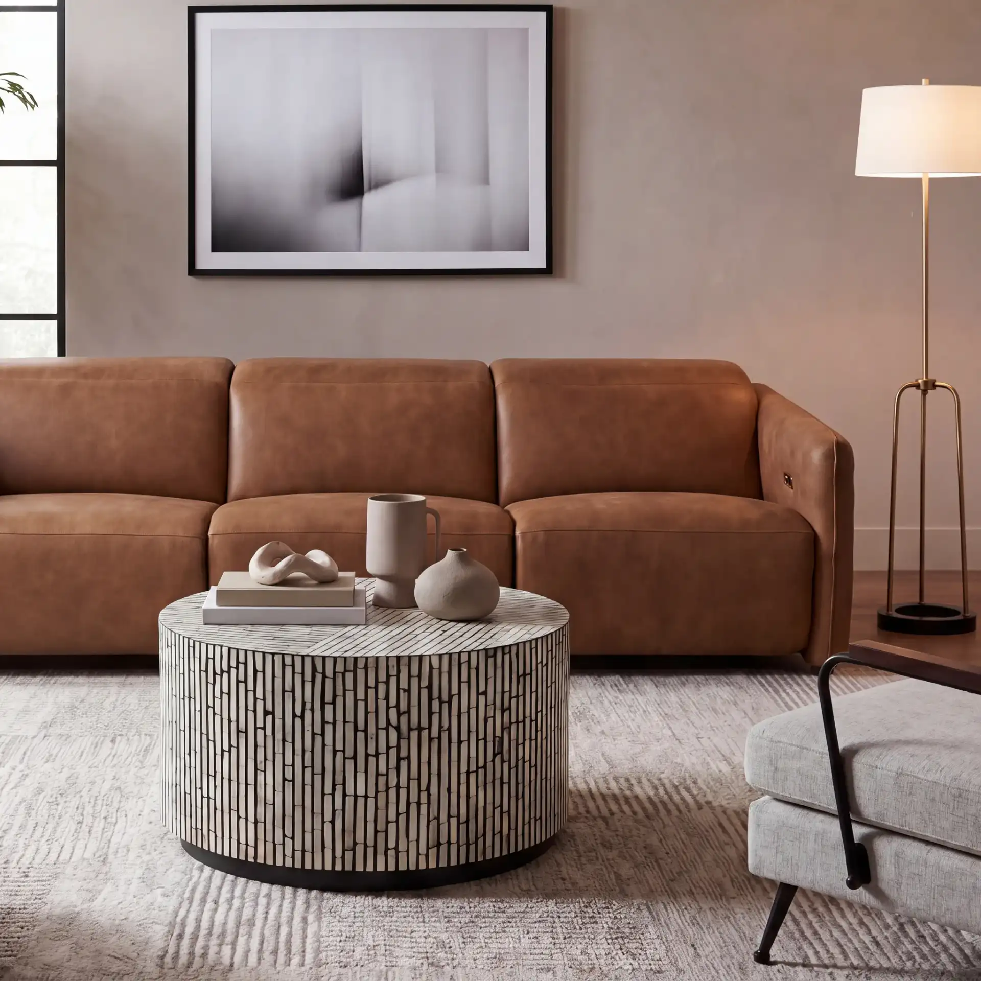 Hamza Round Coffee Table in Multicolor / Black in a styled room