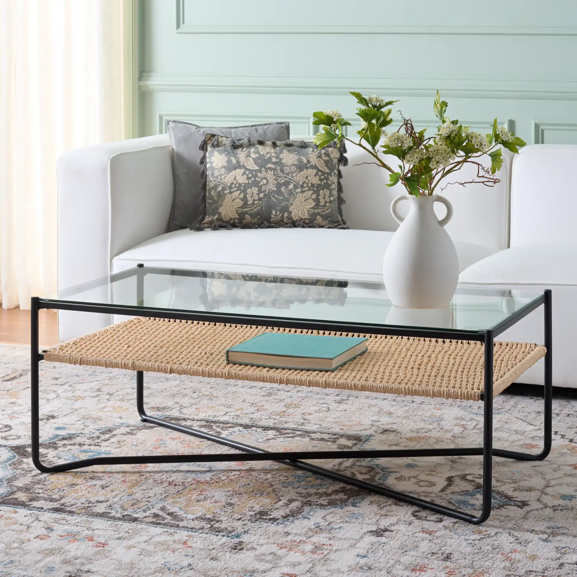 Omaka One-Shelf Coffee Table in Natural / Black in a styled room
