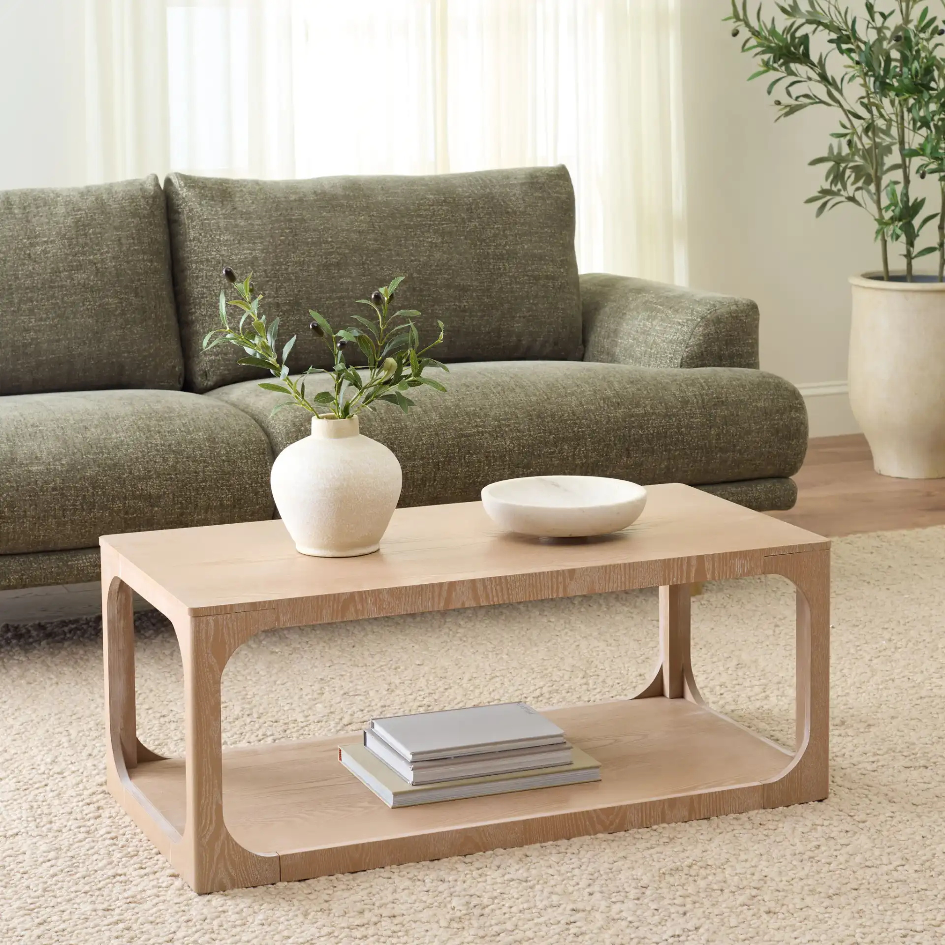 Radix Rectangle Coffee Table in Bleached White in a styled room