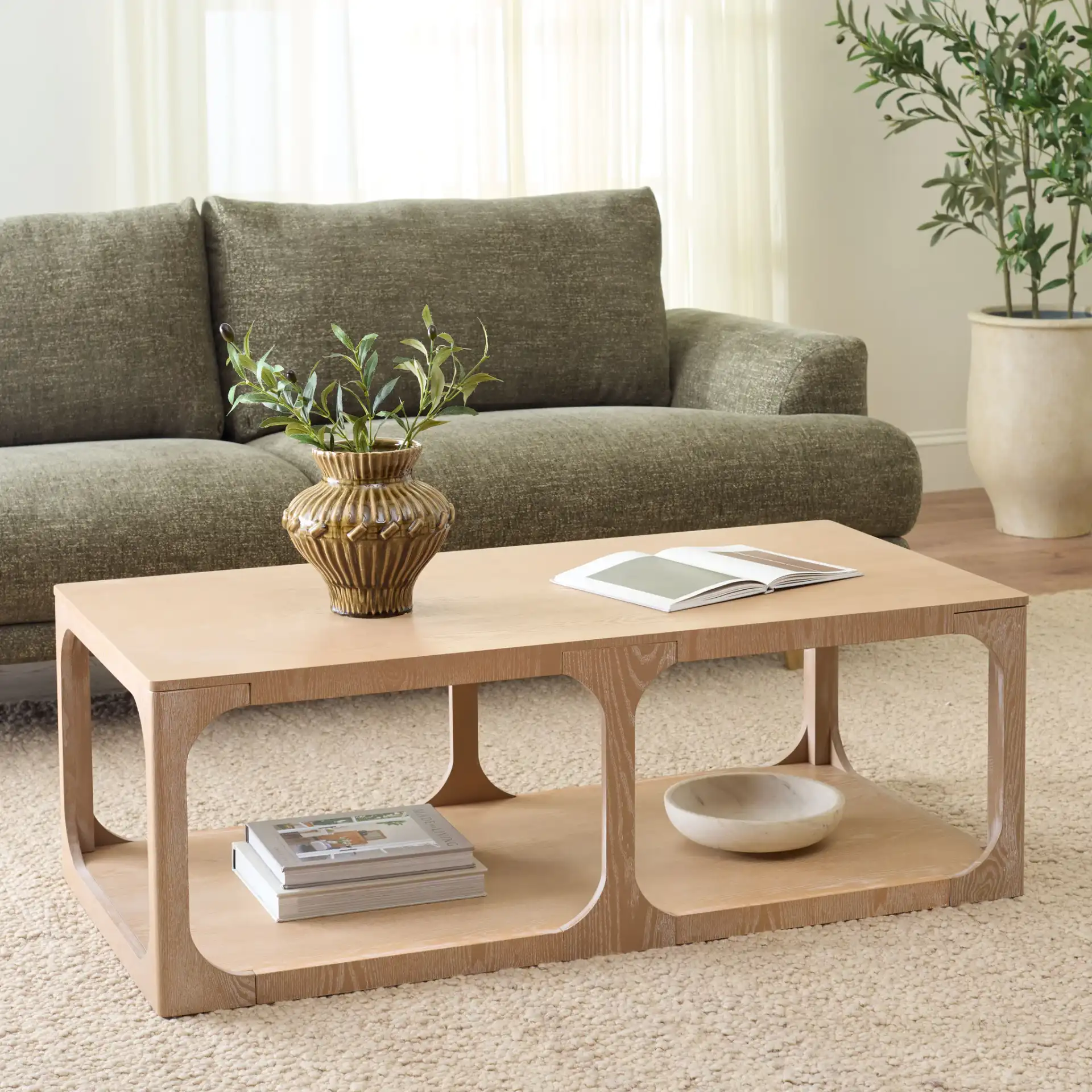 Radix Long Rectangle Coffee Table in Bleached White in a styled room
