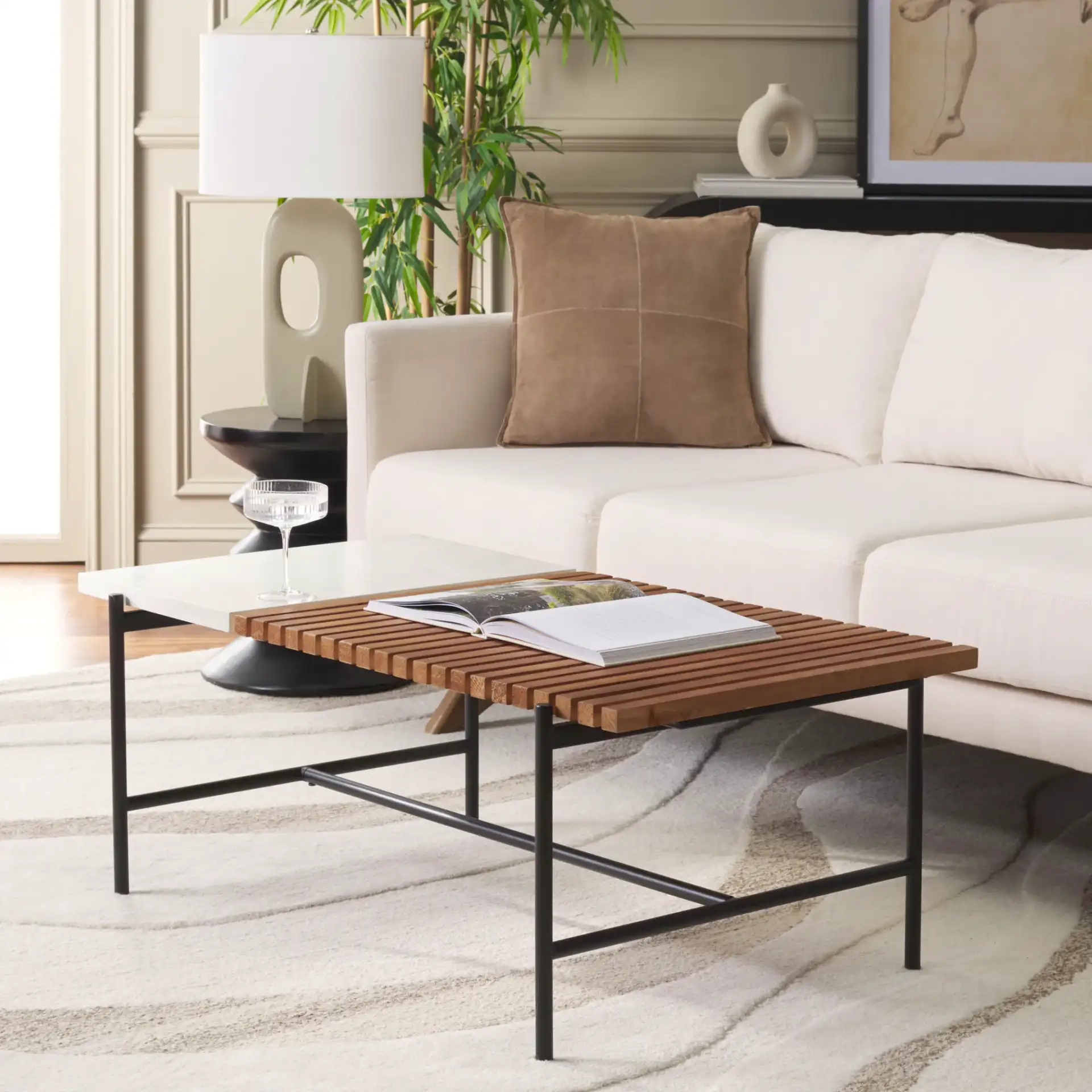 Dallas Coffee Table in Brown / White Faux Marble in a styled room