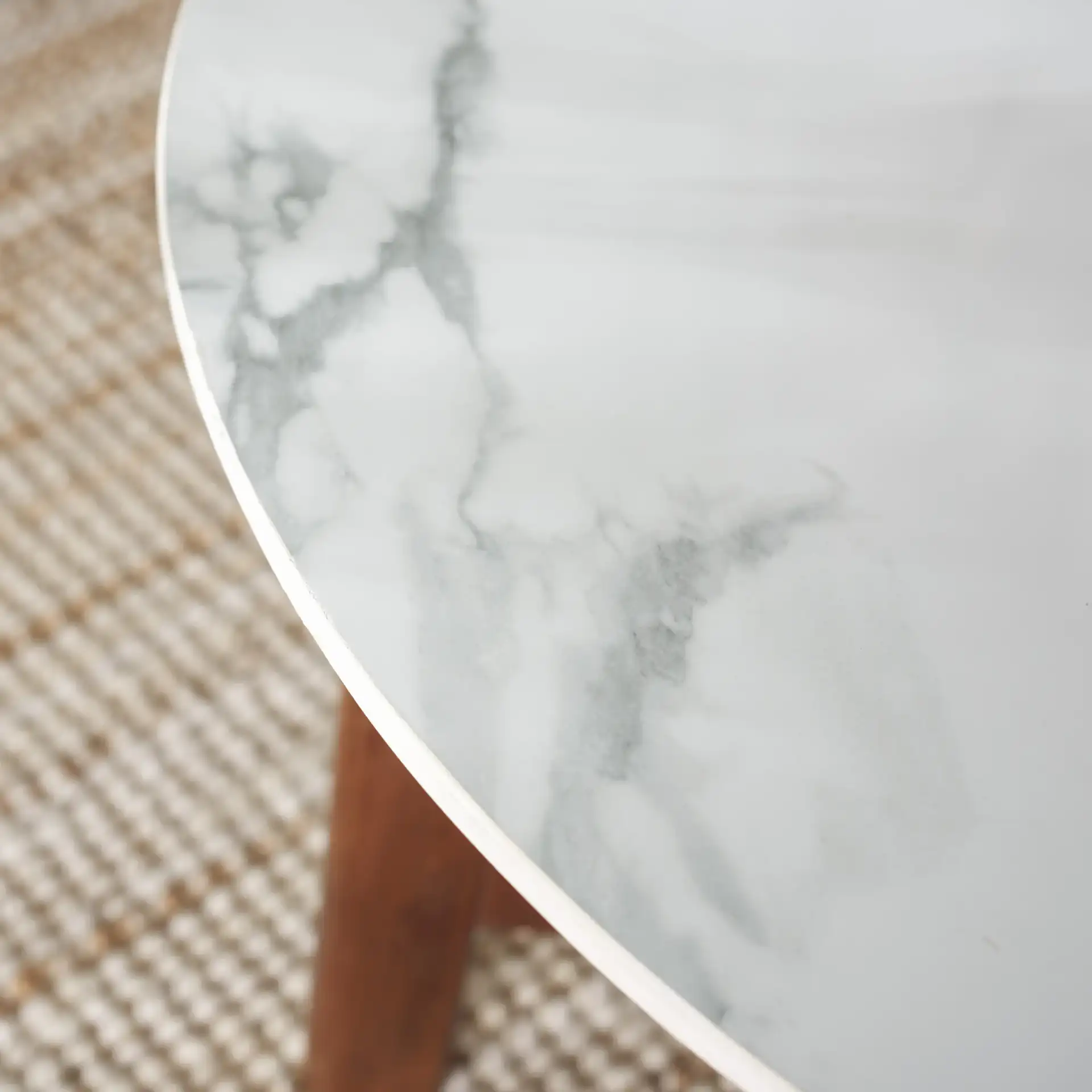 Samie Coffee Table in White Ceramic Faux Marble / Walnut in a styled room