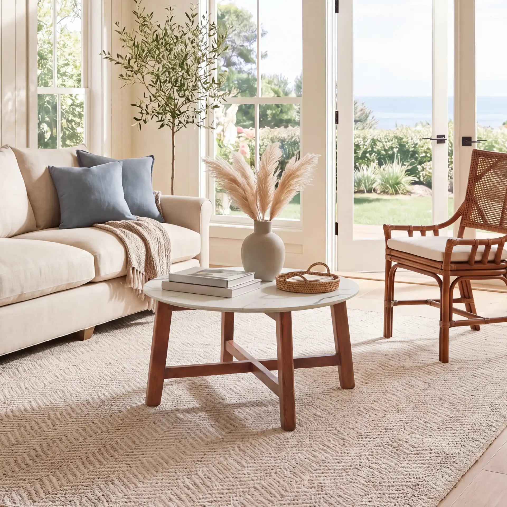 Samie Coffee Table in White Ceramic Faux Marble / Walnut in a styled room