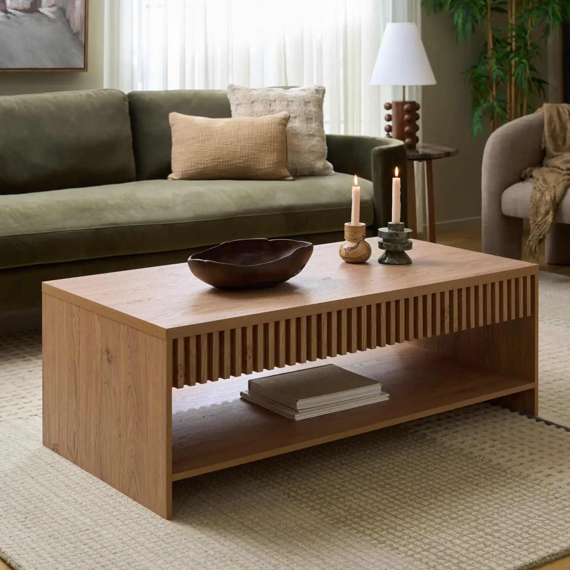 Masa One-Shelf Coffee Table in Oak in a styled room