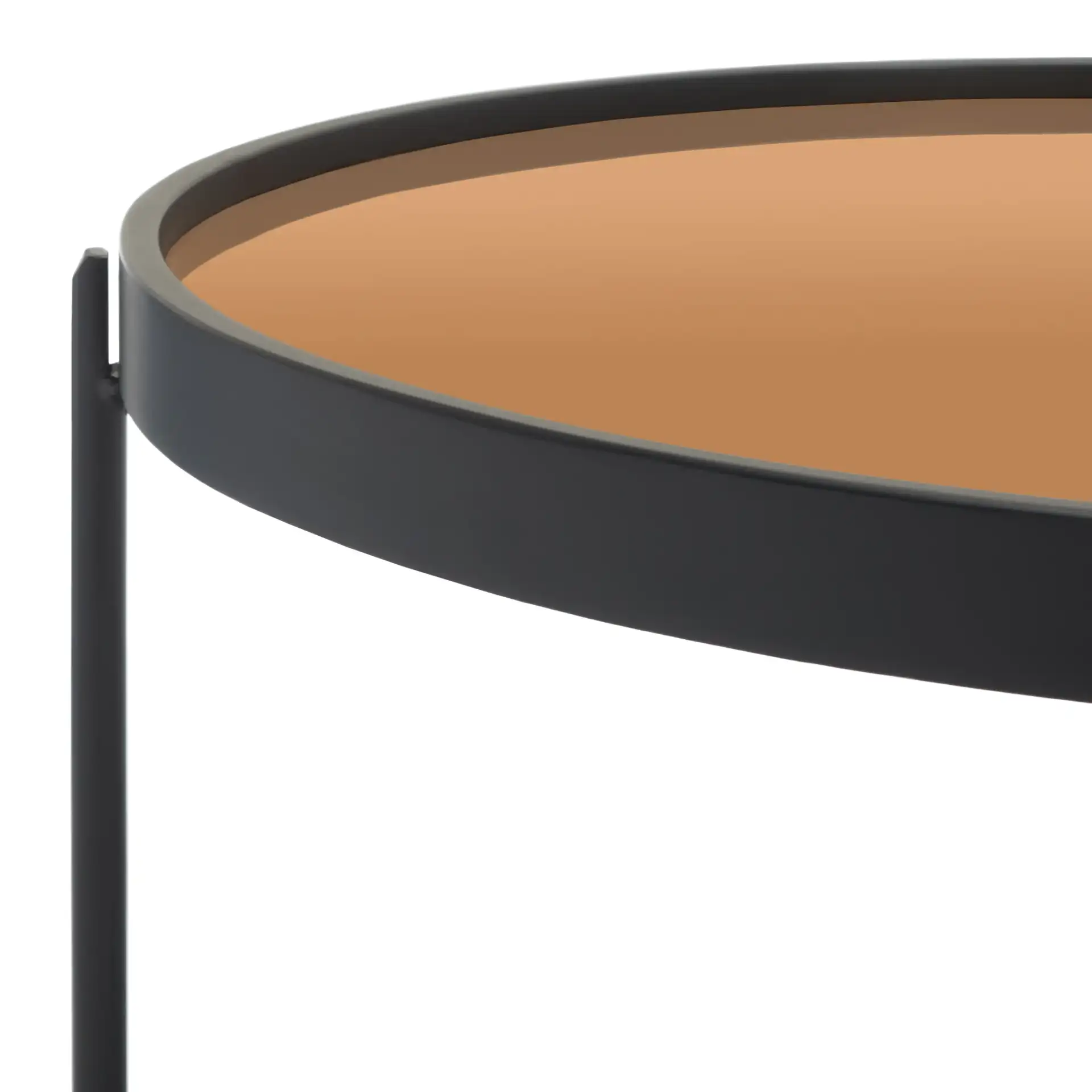 Emmerich Mirrored Coffee Table in Rose Gold / Matte Black in a styled room