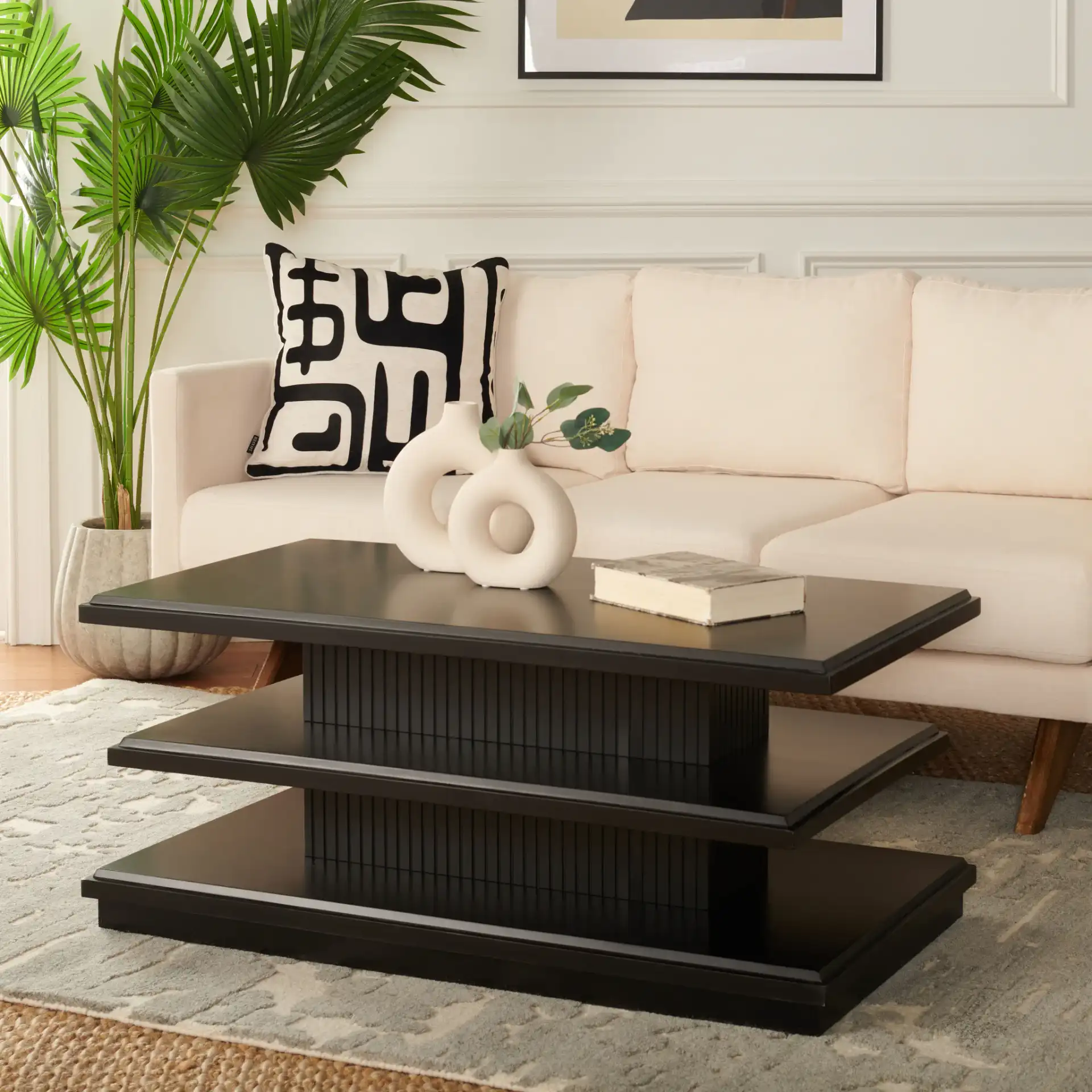 Suette Two-Shelf Coffee Table in Black in a styled room