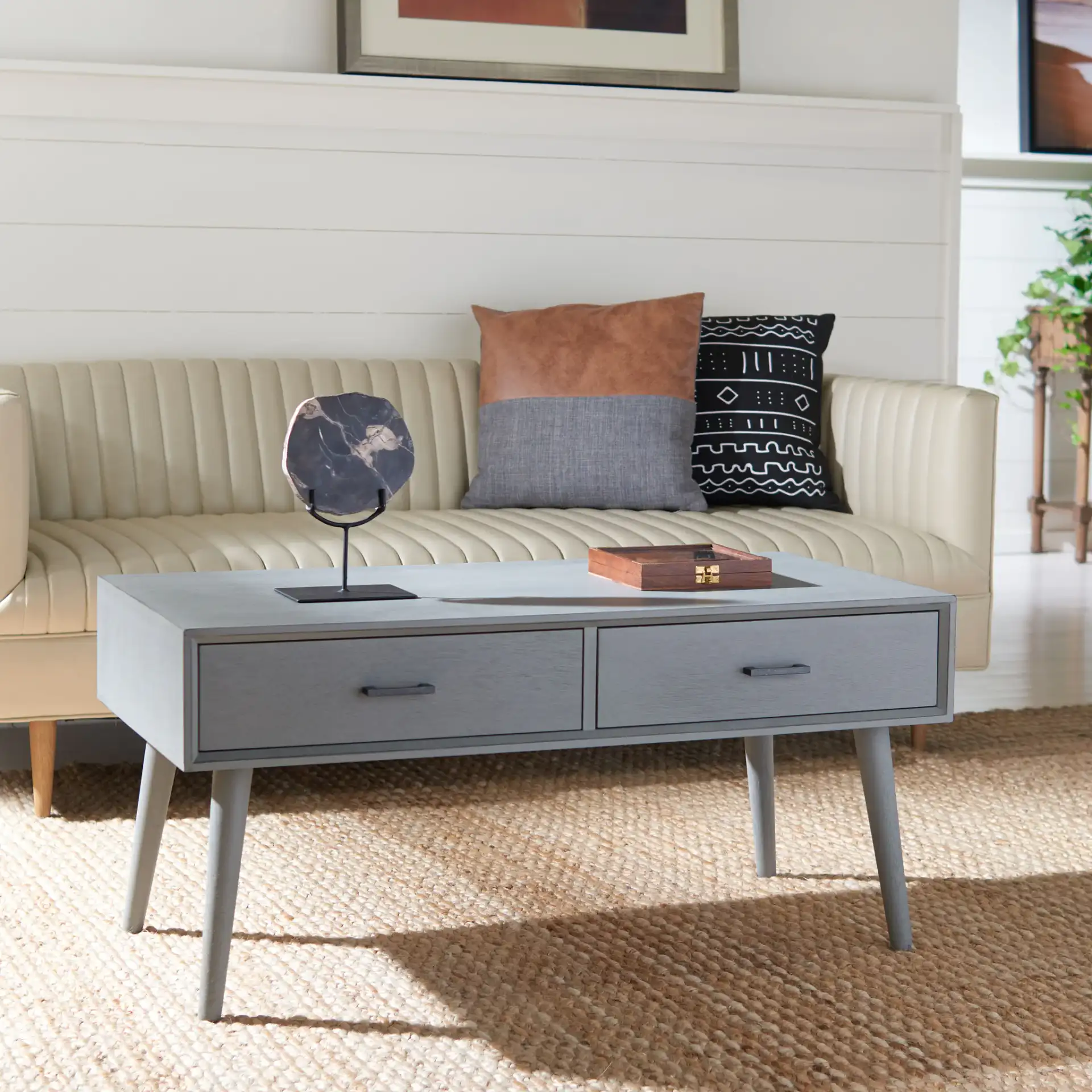 Mozart Mid-Century Coffee Table in Distressed Gray in a styled room