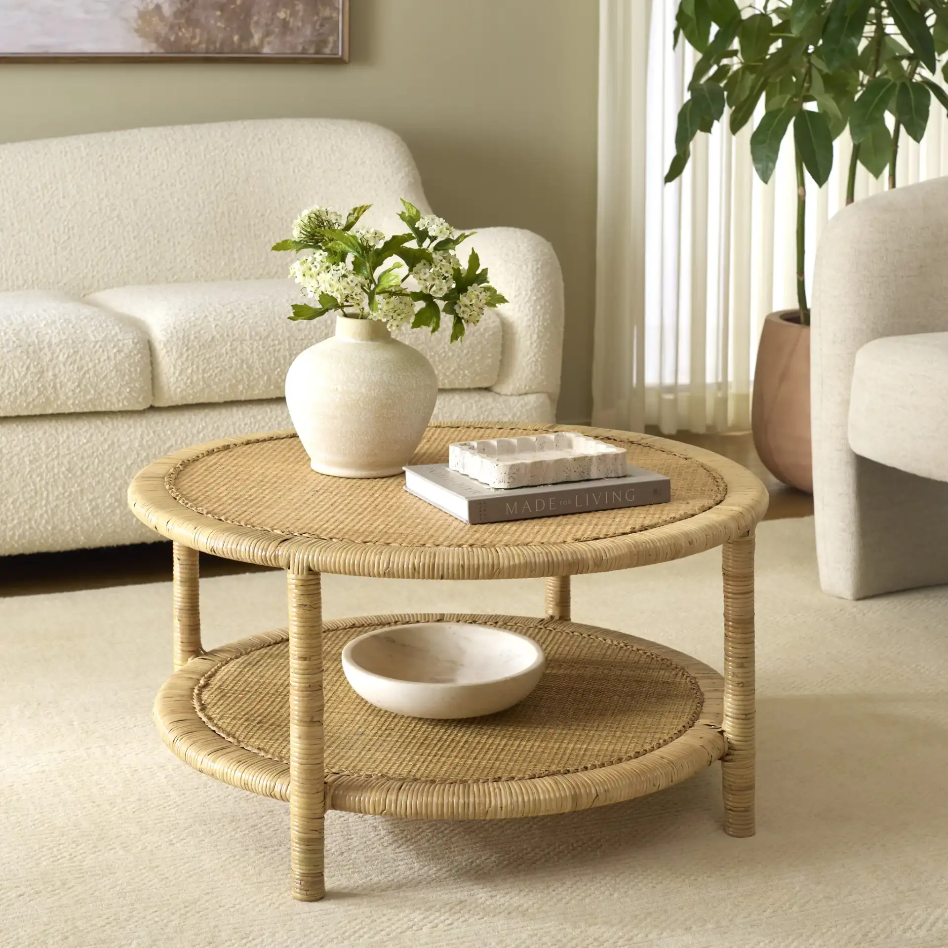Akane Coffee Table With Shelf in Natural in a styled room