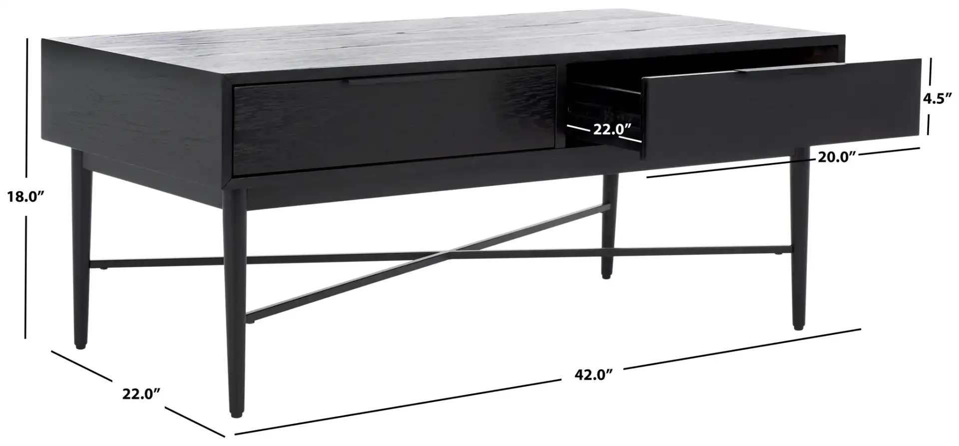 Pierre Two-Drawer Coffee Table in Black, detail view