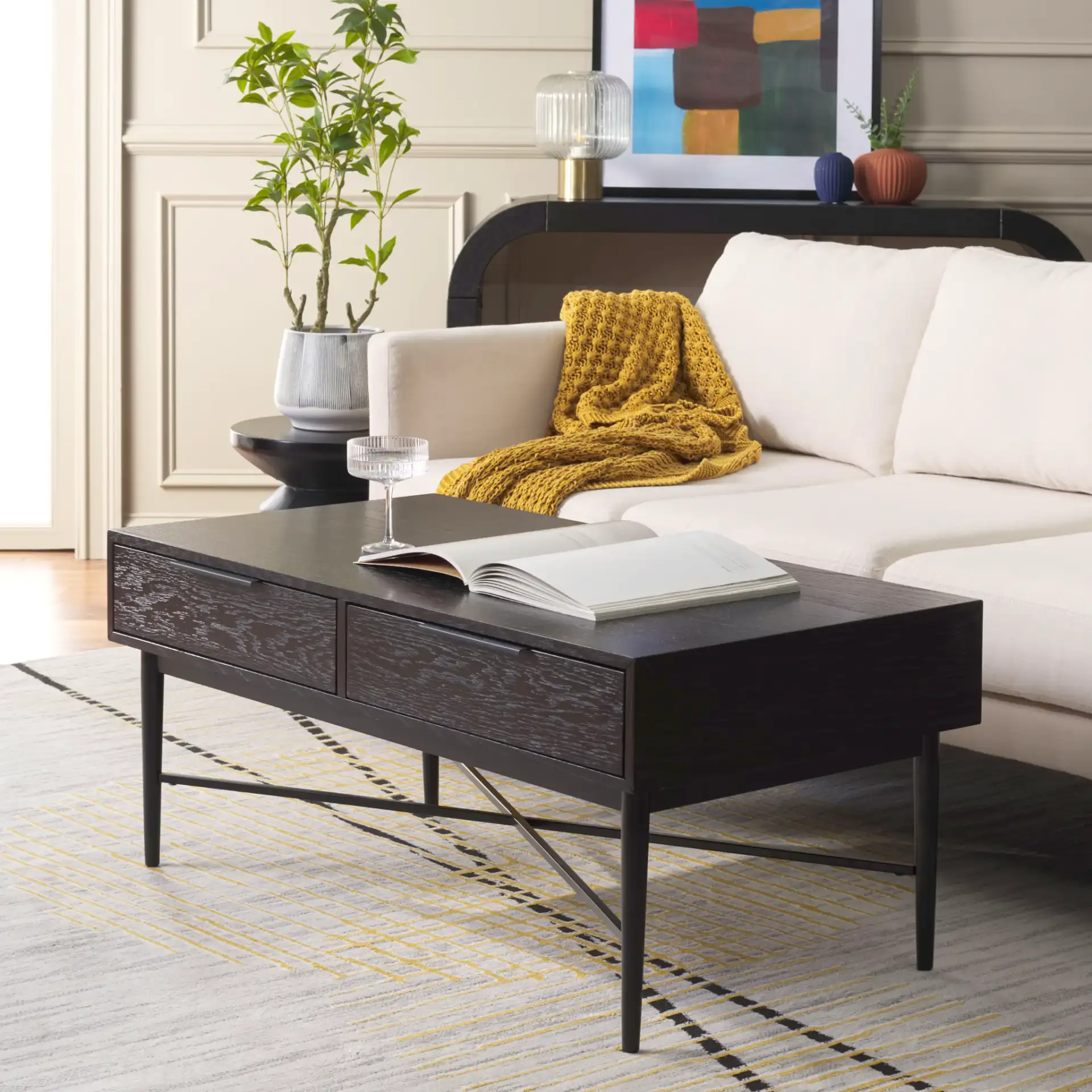 Pierre Two-Drawer Coffee Table in Black in a styled room