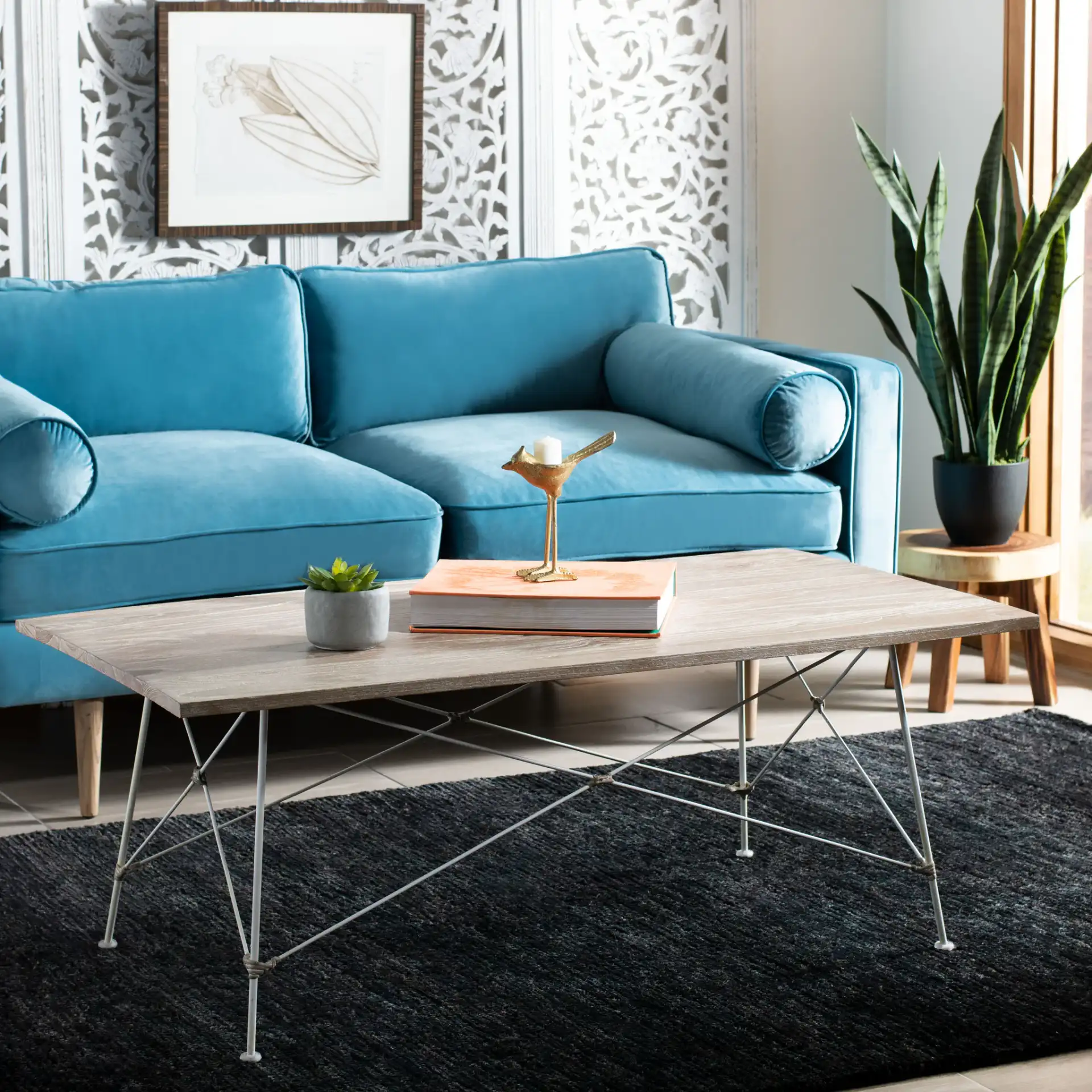 Cyprus Rectangle Coffee Table in Gray White Wash in a styled room