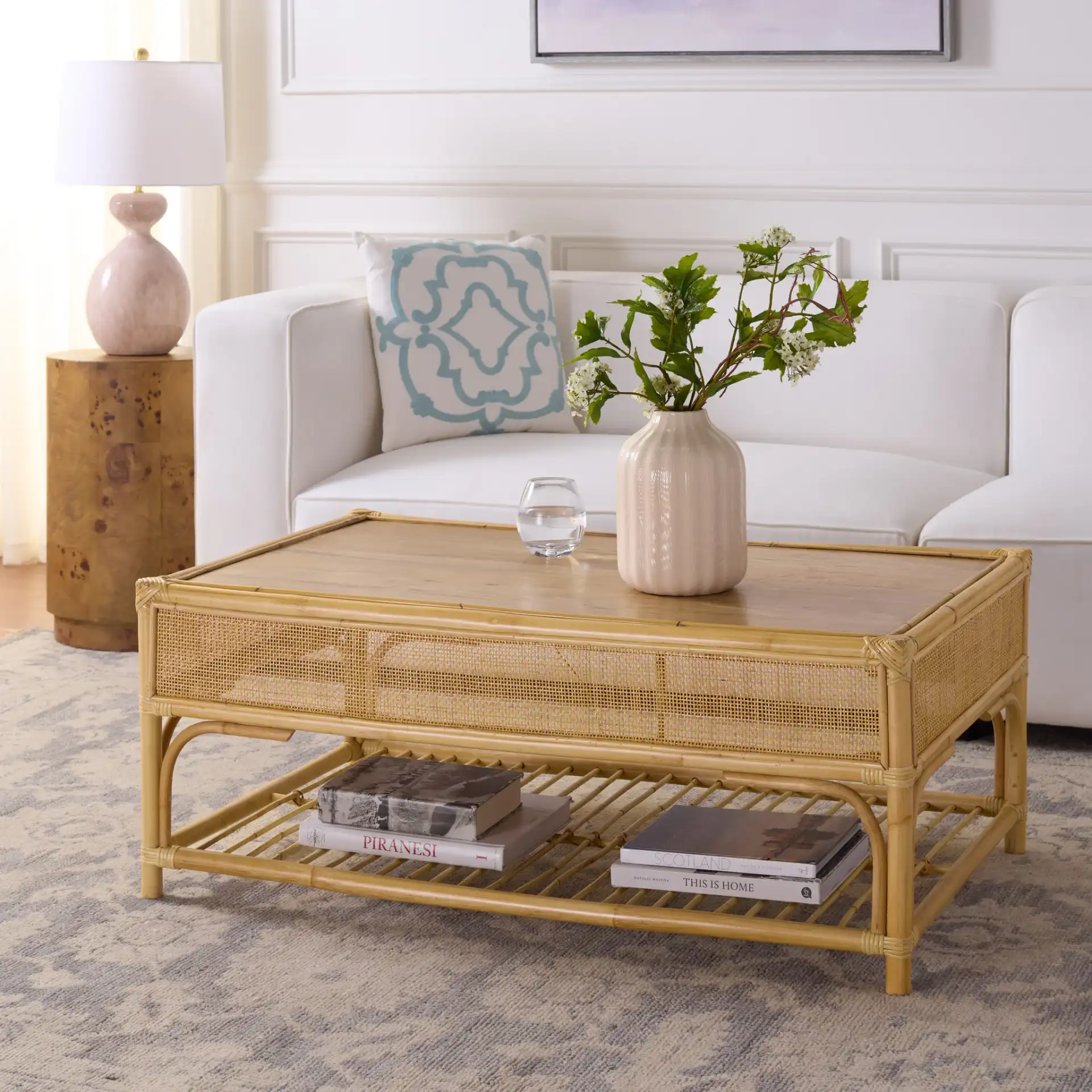 Webster Rectangle Coffee Table in Natural in a styled room