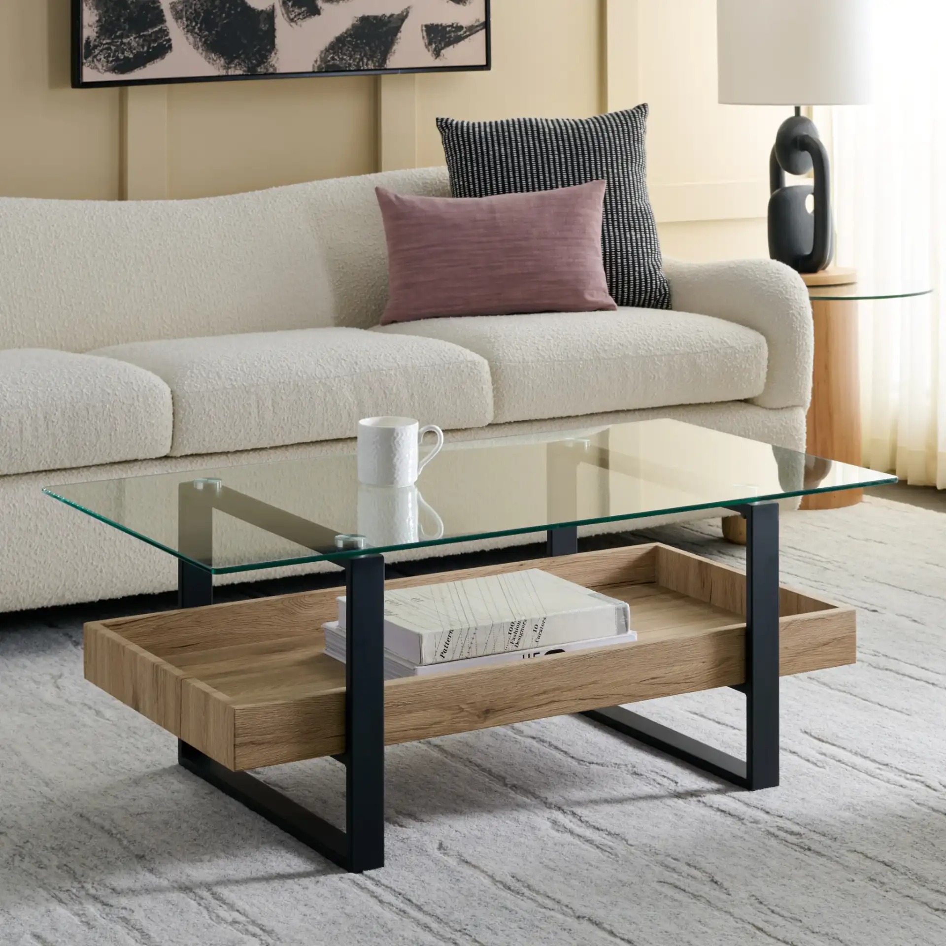 Auberon Coffee Table in Glass / Natural in a styled room