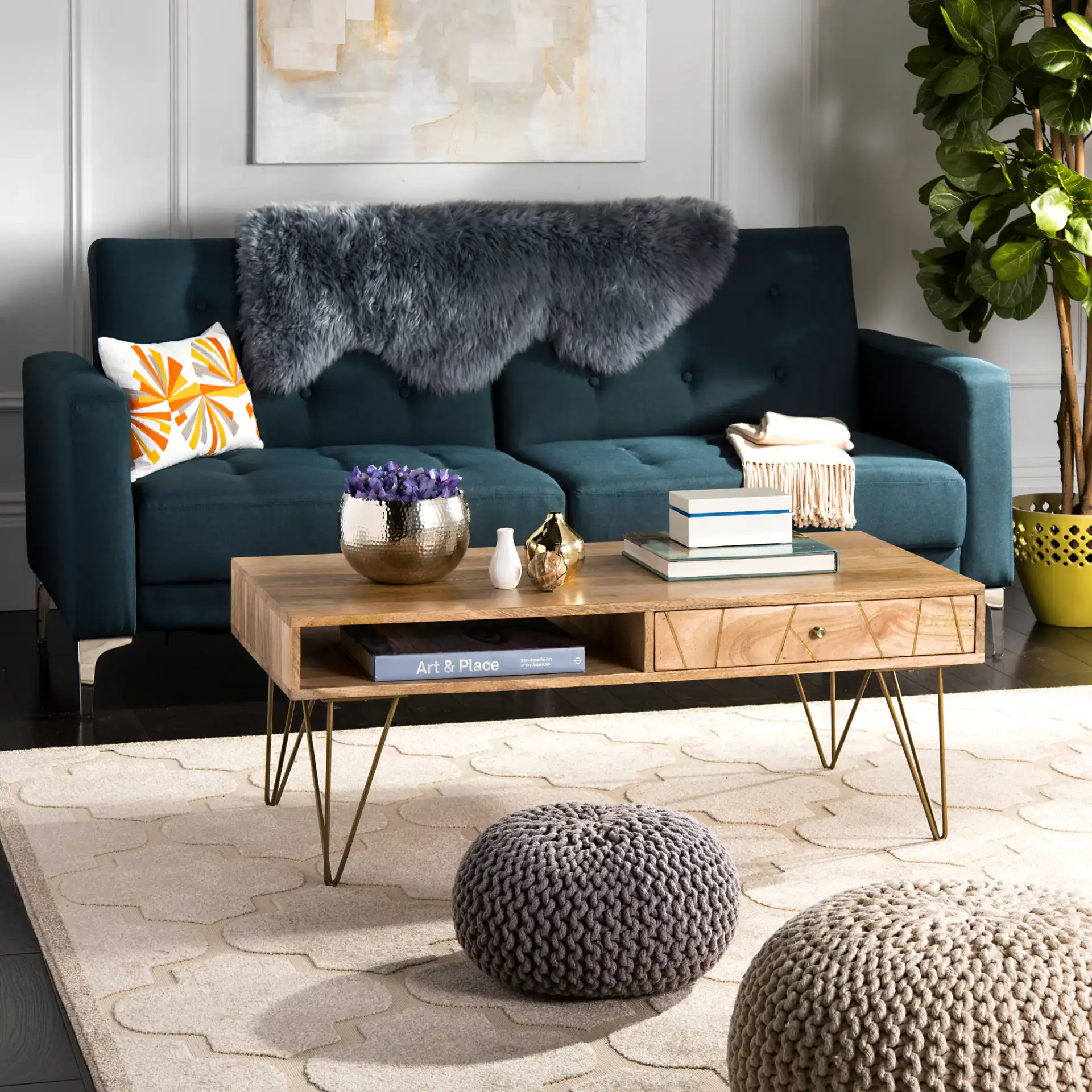 Marigold Coffee Table in Natural / Brass in a styled room