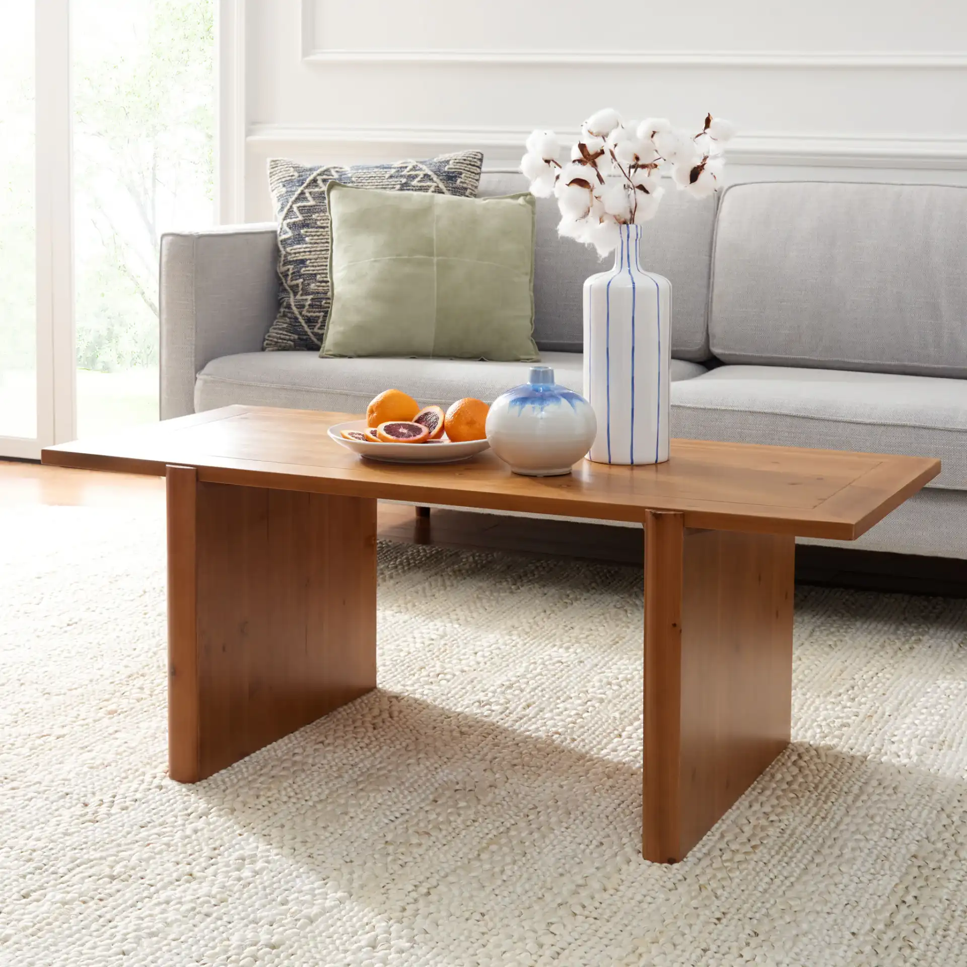Truman Rectangle Coffee Table in Brown in a styled room