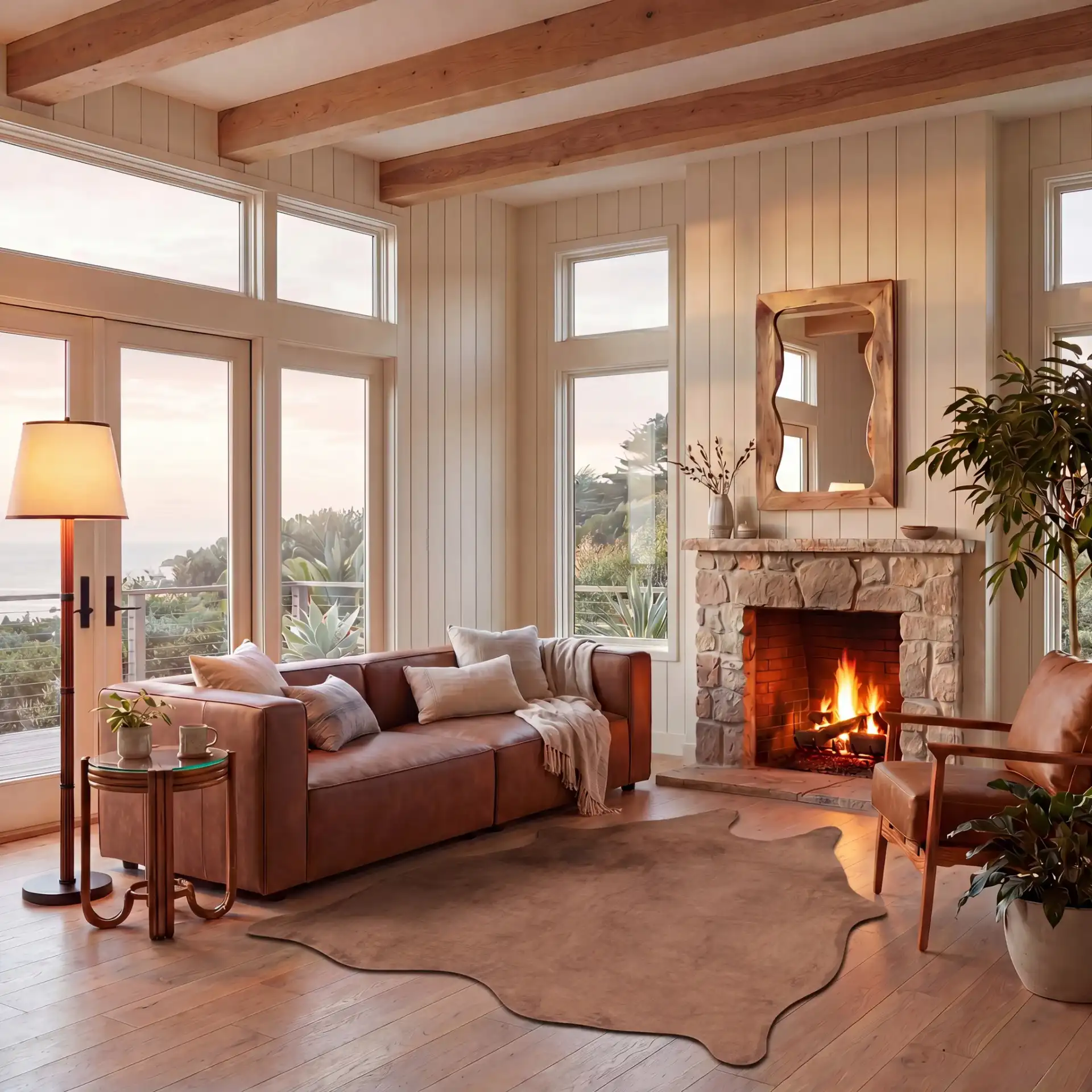 Suede Cowhide Shaped Rug in Light Brown in a styled room
