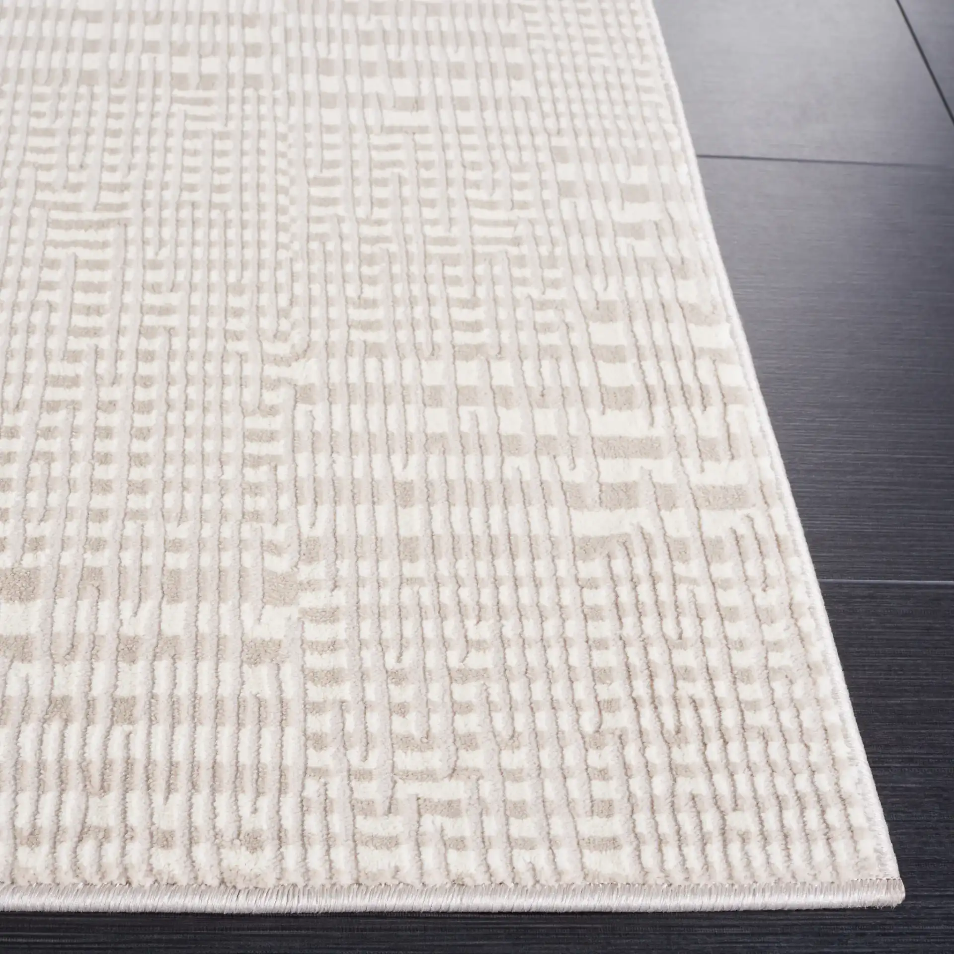 Continental Broken Grid Rug in Ivory / Beige in a styled room