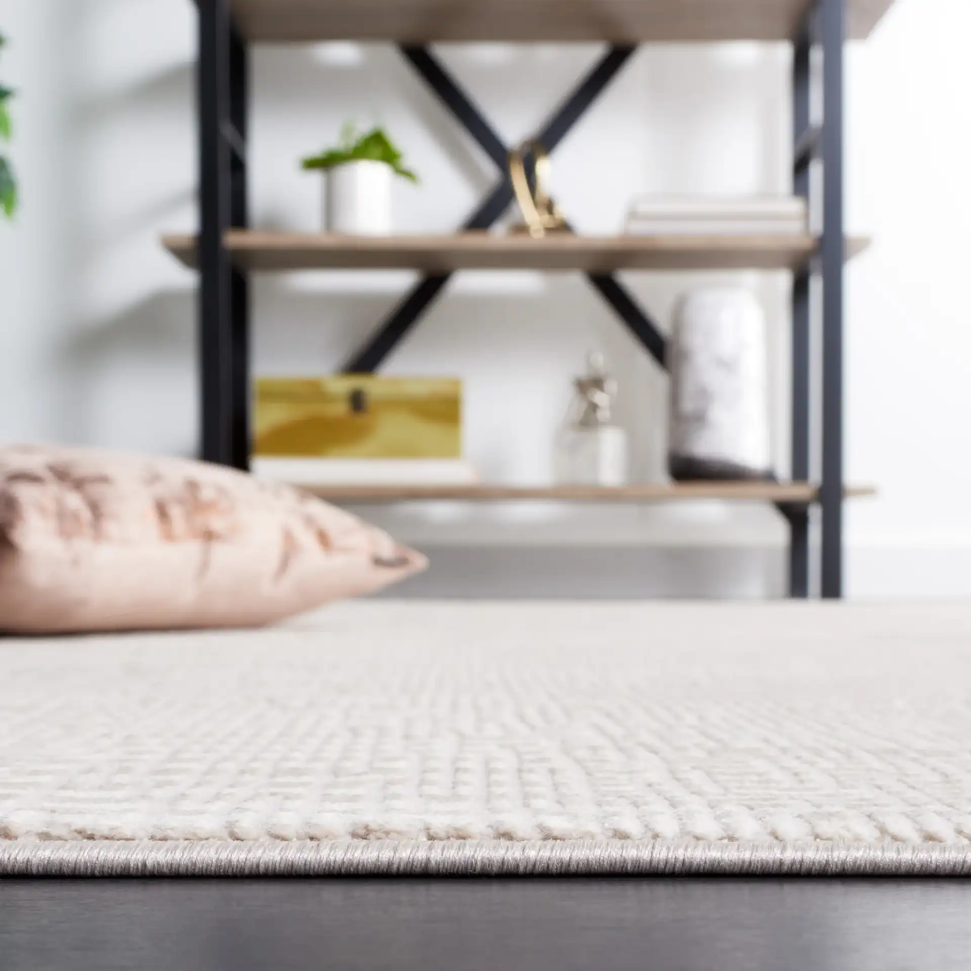 Continental Broken Grid Rug in Ivory / Beige in a styled room