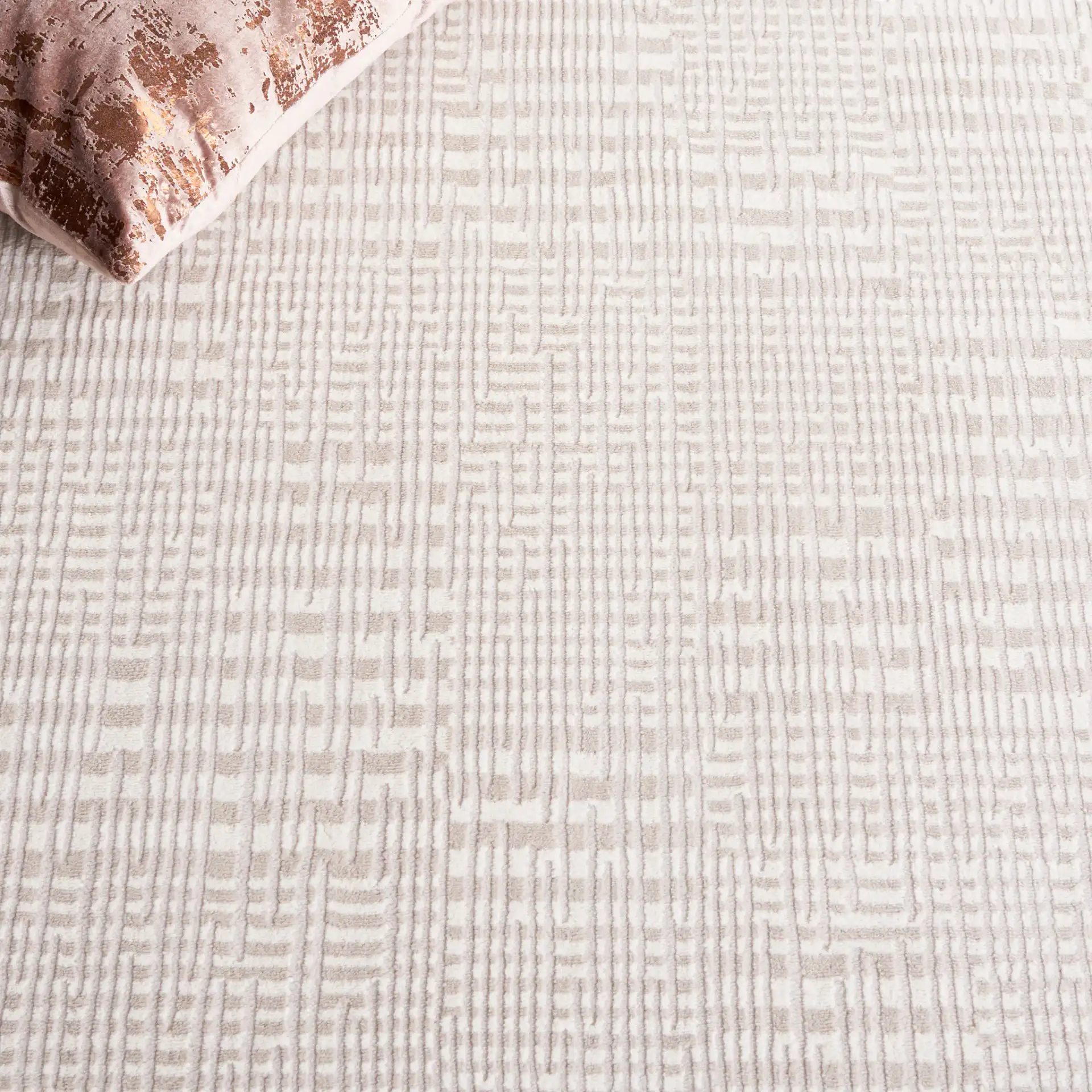Continental Broken Grid Rug in Ivory / Beige in a styled room